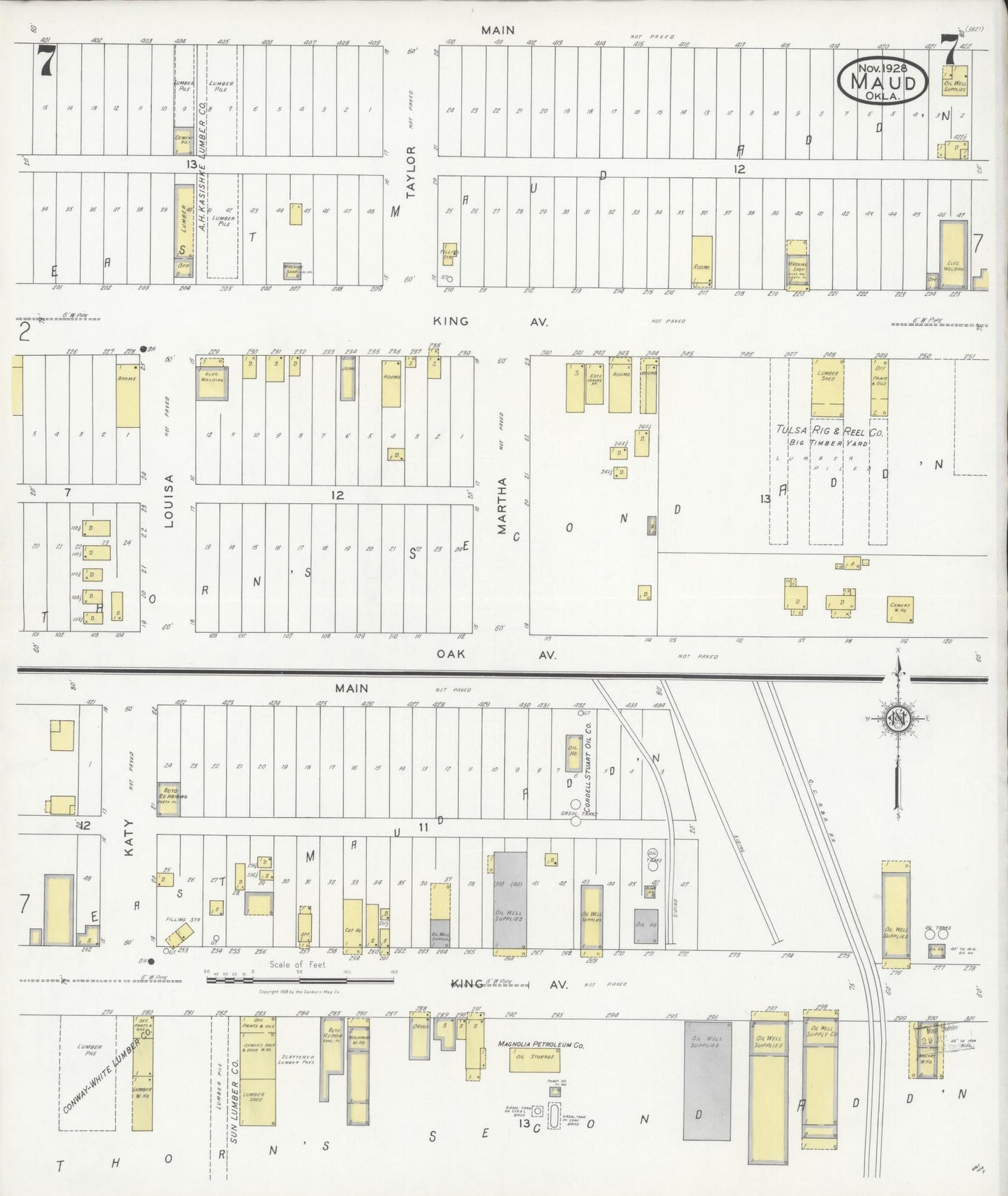 Sanborn Fire Insurance Map from Maud, Pottawatomie County, Oklahoma (1928), Sheet #0007 - Complete Map Set gallery image, historic Sanborn map, vintage wall art, Oklahoma Oklahoma