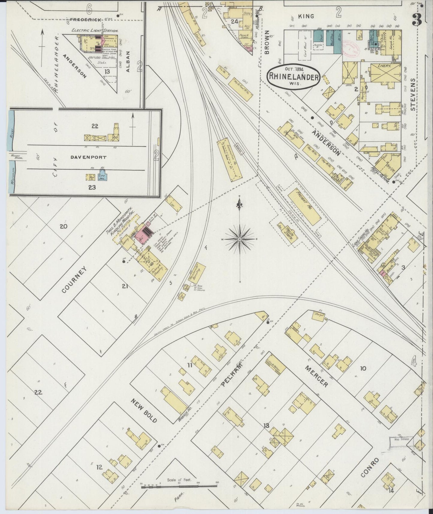 Sanborn Fire Insurance Map from Rhinelander, Oneida County, Wisconsin (1894), Sheet #0003 - Historic Sanborn Fire Insurance Map Print, vintage old map wall art, antique decor, genealogy gift, Wisconsin Wisconsin map