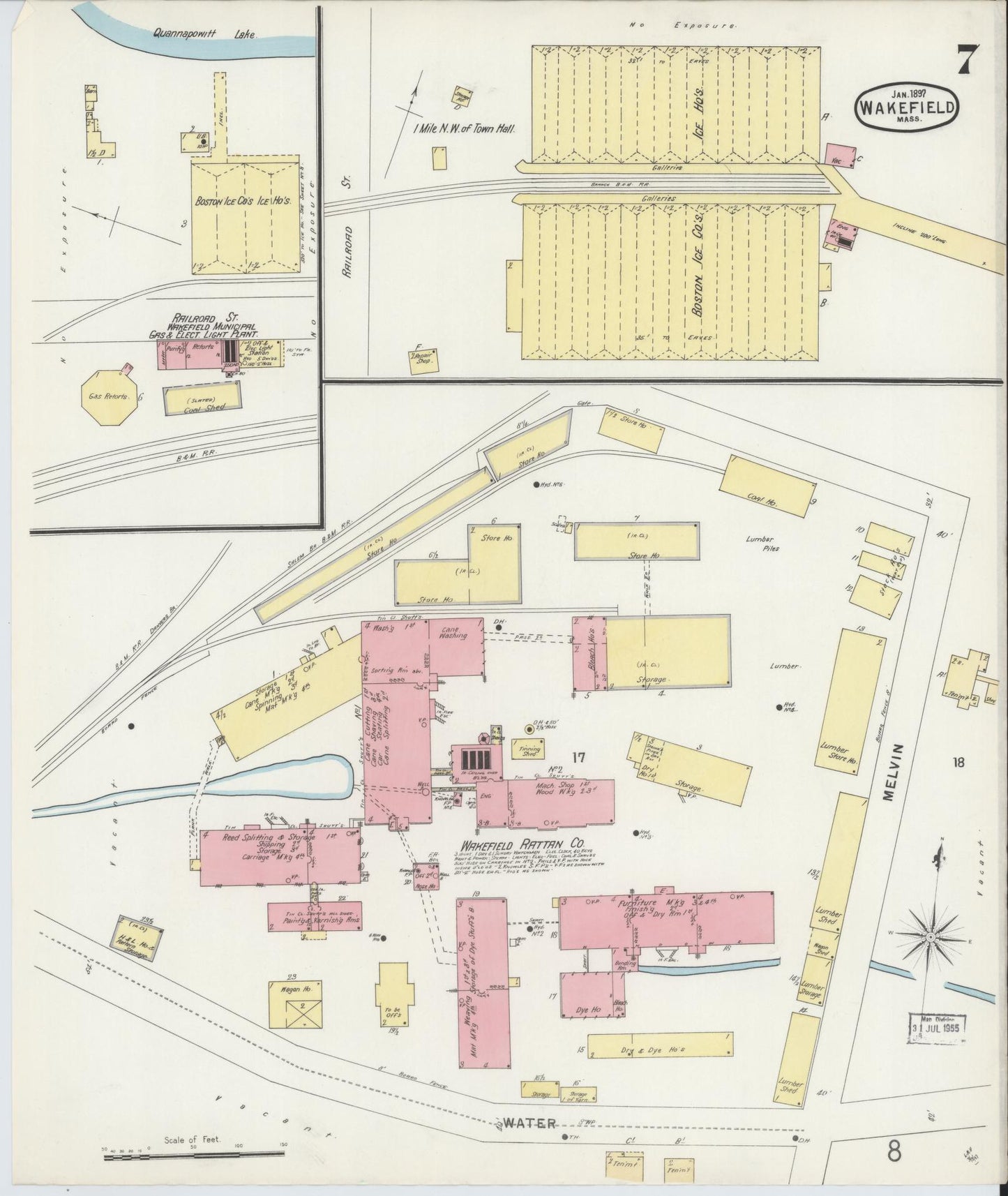 Sanborn Fire Insurance Map from Wakefield, Middlesex County, Massachusetts (1897), Sheet #0007 - Historic Sanborn Fire Insurance Map Print, vintage old map wall art, antique decor, genealogy gift, Massachusetts Massachusetts map