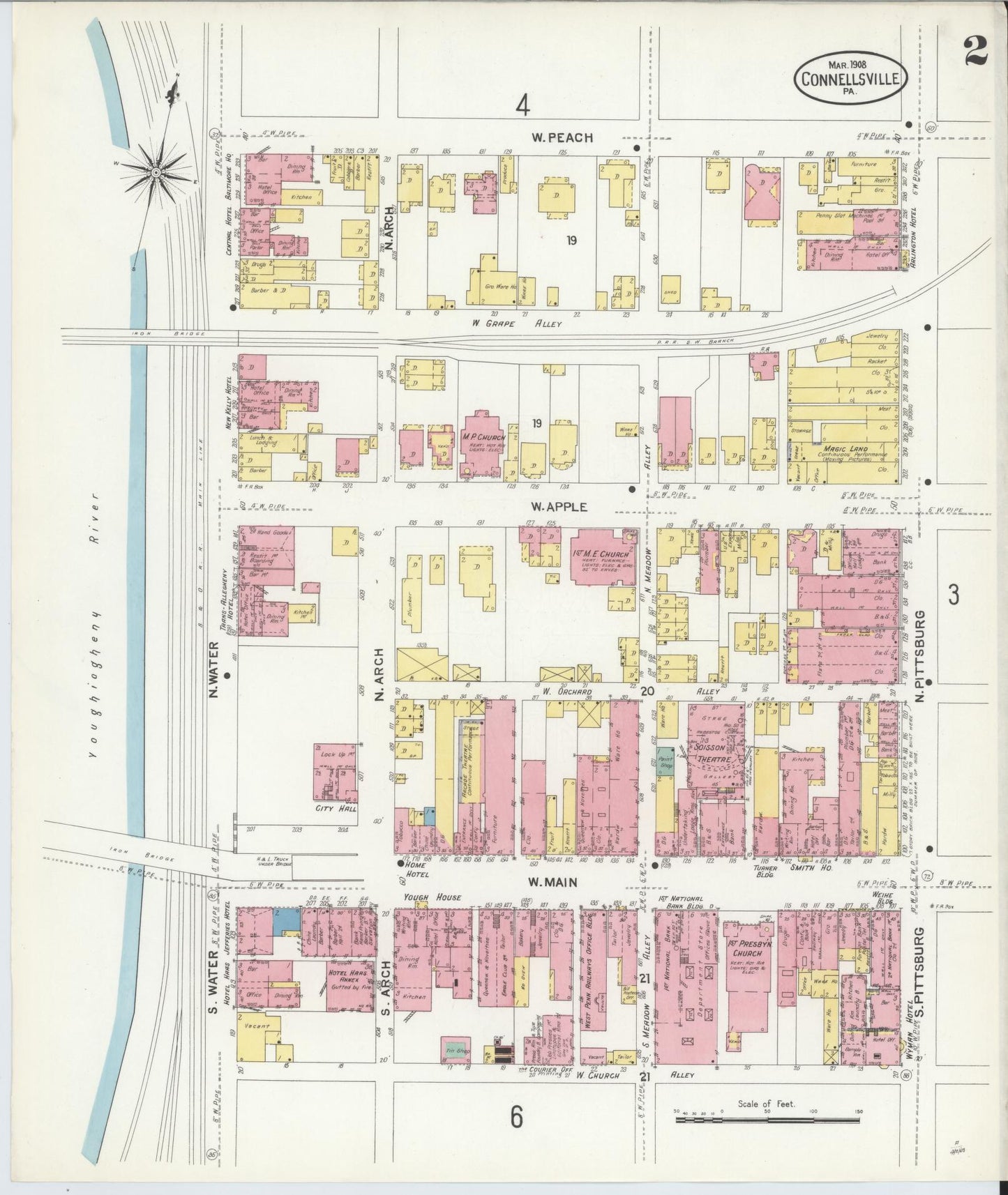 Sanborn Fire Insurance Map from Connellsville, Fayette County, Pennsylvania (1908), Sheet #0002 - Historic Sanborn Fire Insurance Map Print, vintage old map wall art, antique decor, genealogy gift, Pennsylvania Pennsylvania map