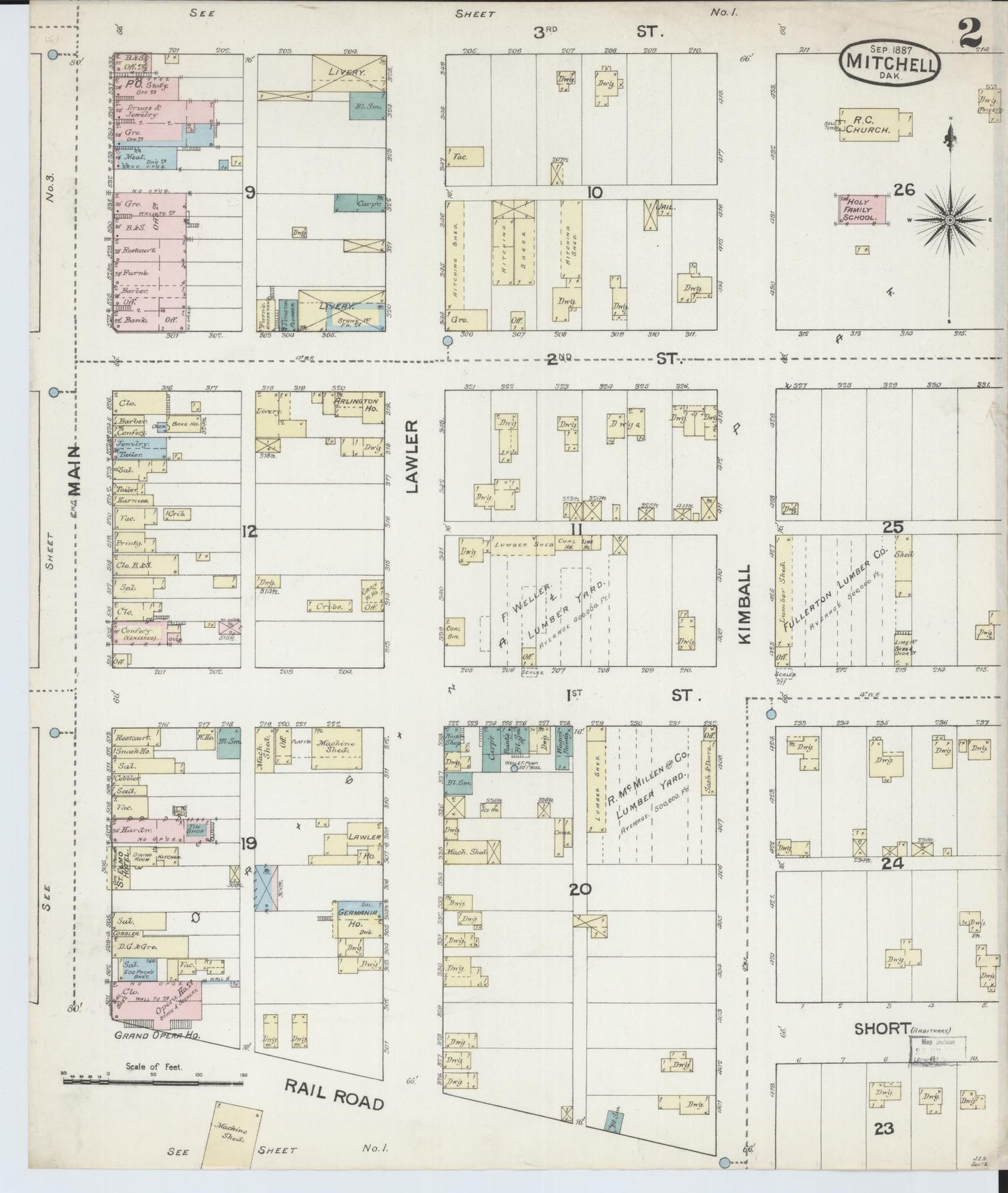 Sanborn Fire Insurance Map from Mitchell, Davison County, South Dakota (1887), Sheet #0002 - Historic Sanborn Fire Insurance Map Print, vintage old map wall art, antique decor, genealogy gift, South Dakota South Dakota map