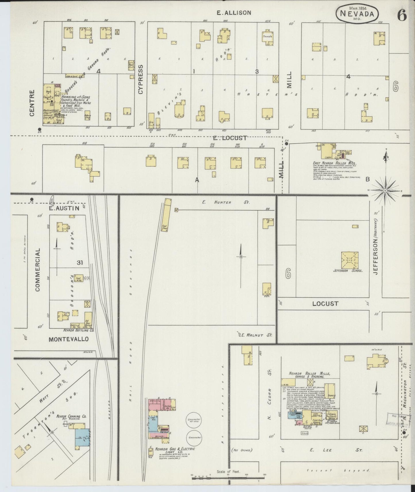 Sanborn Fire Insurance Map from Nevada, Vernon County, Missouri (1894), Sheet #0006 - Historic Sanborn Fire Insurance Map Print, vintage old map wall art, antique decor, genealogy gift, Nevada Nevada map