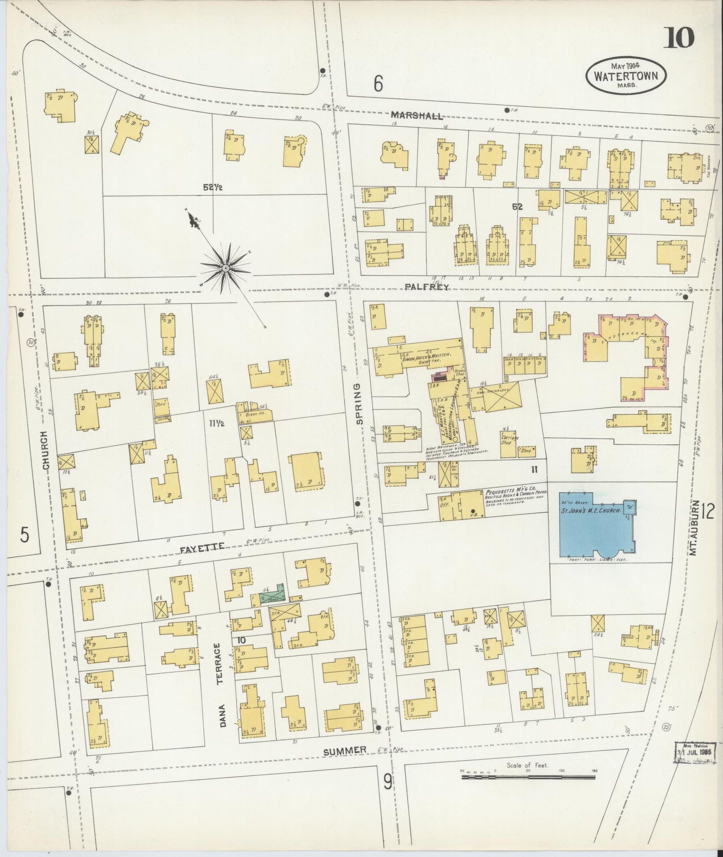 Sanborn Fire Insurance Map from Watertown, Middlesex County, Massachusetts (1904), Sheet #0010 - Historic Sanborn Fire Insurance Map Print, vintage old map wall art, antique decor, genealogy gift, Massachusetts Massachusetts map