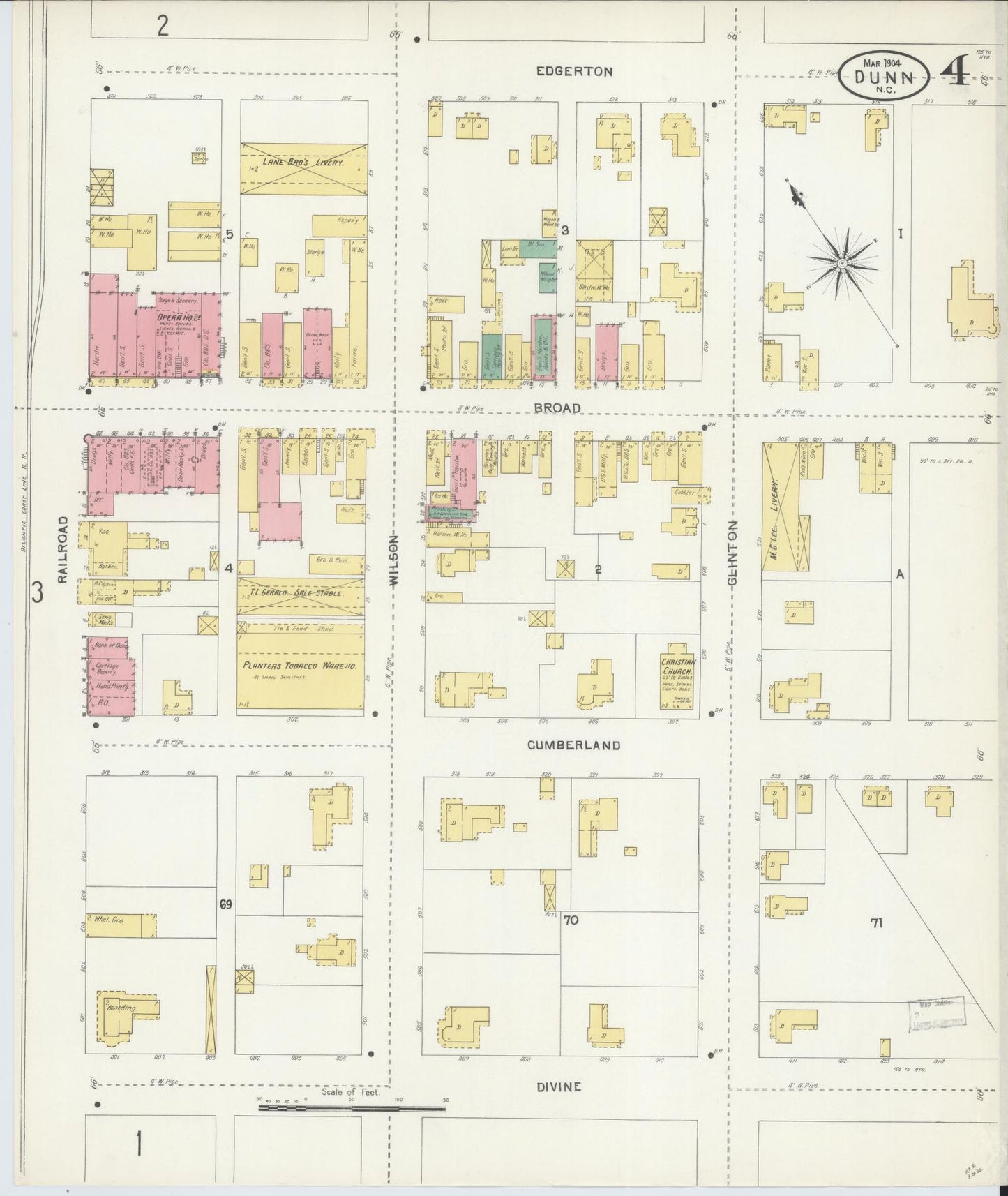 Sanborn Fire Insurance Map from Dunn, Harnett County, North Carolina (1904), Sheet #0004 - Complete Map Set gallery image, historic Sanborn map, vintage wall art, North Carolina North Carolina