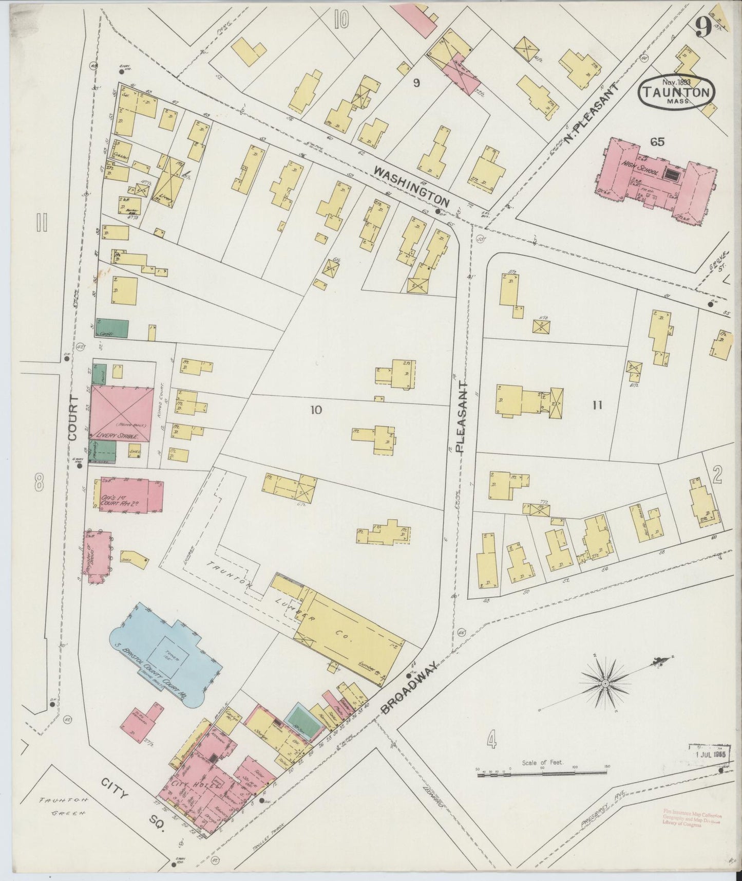 Sanborn Fire Insurance Map from Taunton, Bristol County, Massachusetts (1893), Sheet #0009 - Historic Sanborn Fire Insurance Map Print, vintage old map wall art, antique decor, genealogy gift, Massachusetts Massachusetts map