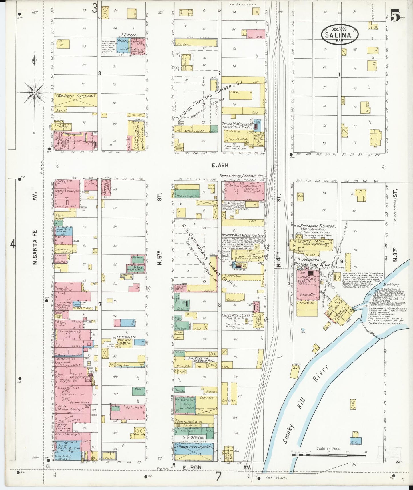 Sanborn Fire Insurance Map from Salina, Saline County, Kansas (1899), Sheet #0005 - Historic Sanborn Fire Insurance Map Print, vintage old map wall art, antique decor, genealogy gift, Kansas Kansas map