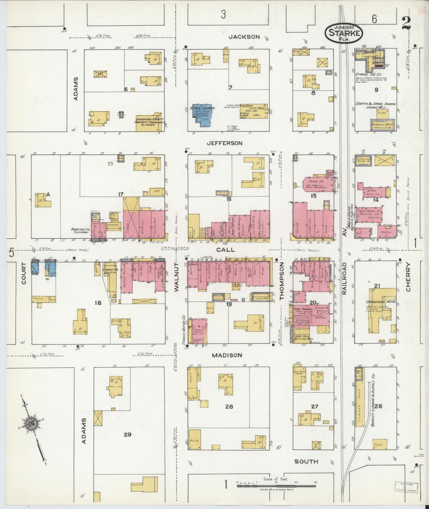 Sanborn Fire Insurance Map from Starke, Bradford County, Florida (1920), Sheet #0002 - Historic Sanborn Fire Insurance Map Print, vintage old map wall art, antique decor, genealogy gift, Florida Florida map