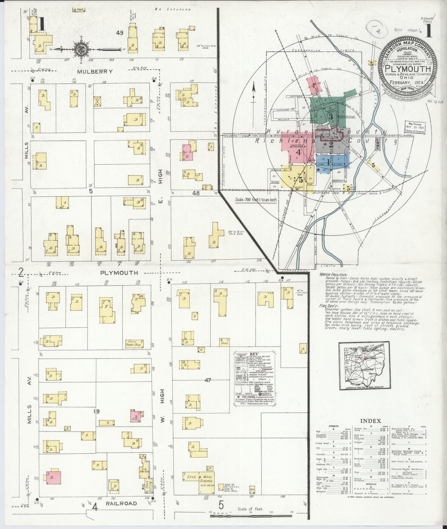 Sanborn Fire Insurance Map from Plymouth, Huron And Richland Counties, Ohio (1924), Sheet #0001 - Historic Sanborn Fire Insurance Map Print, vintage old map wall art, antique decor, genealogy gift, Ohio Ohio map