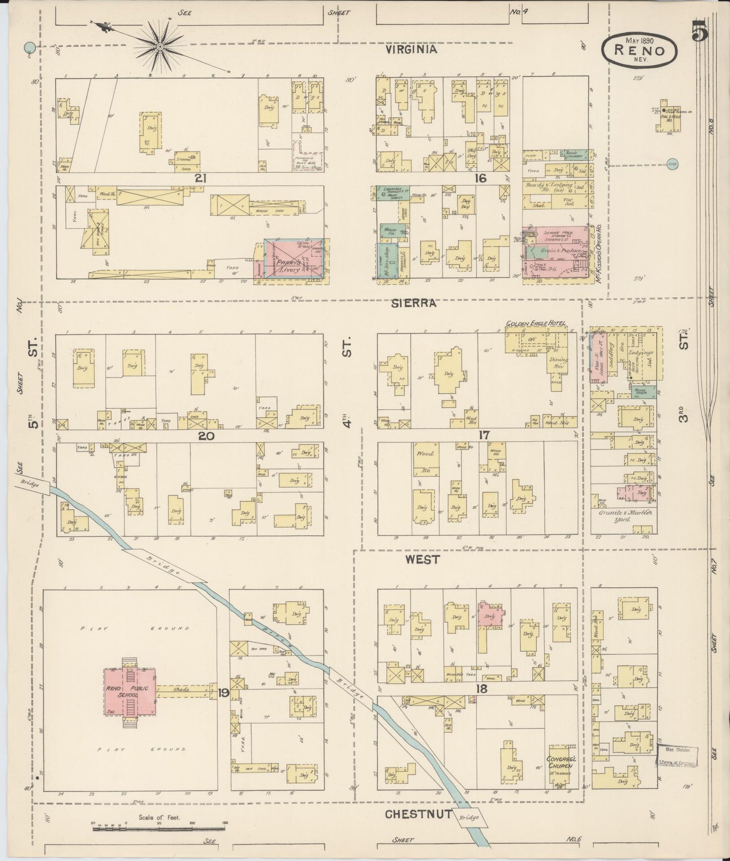 Sanborn Fire Insurance Map from Reno, Washoe County, Nevada (1890), Sheet #0005 - Historic Sanborn Fire Insurance Map Print, vintage old map wall art, antique decor, genealogy gift, Nevada Nevada map