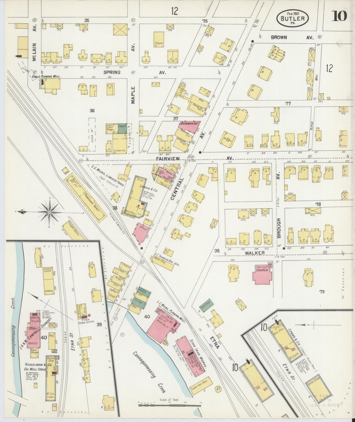 Sanborn Fire Insurance Map from Butler, Butler County, Pennsylvania (1901), Sheet #0010 - Historic Sanborn Fire Insurance Map Print, vintage old map wall art, antique decor, genealogy gift, Pennsylvania Pennsylvania map