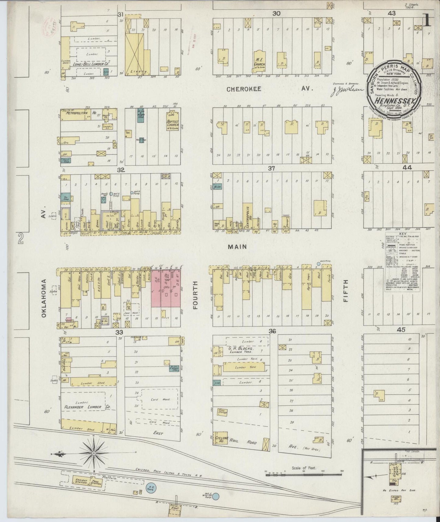 Sanborn Fire Insurance Map from Hennessey, Kingfisher County, Oklahoma (1894), Sheet #0001 - Historic Sanborn Fire Insurance Map Print, vintage old map wall art, antique decor, genealogy gift, Oklahoma Oklahoma map