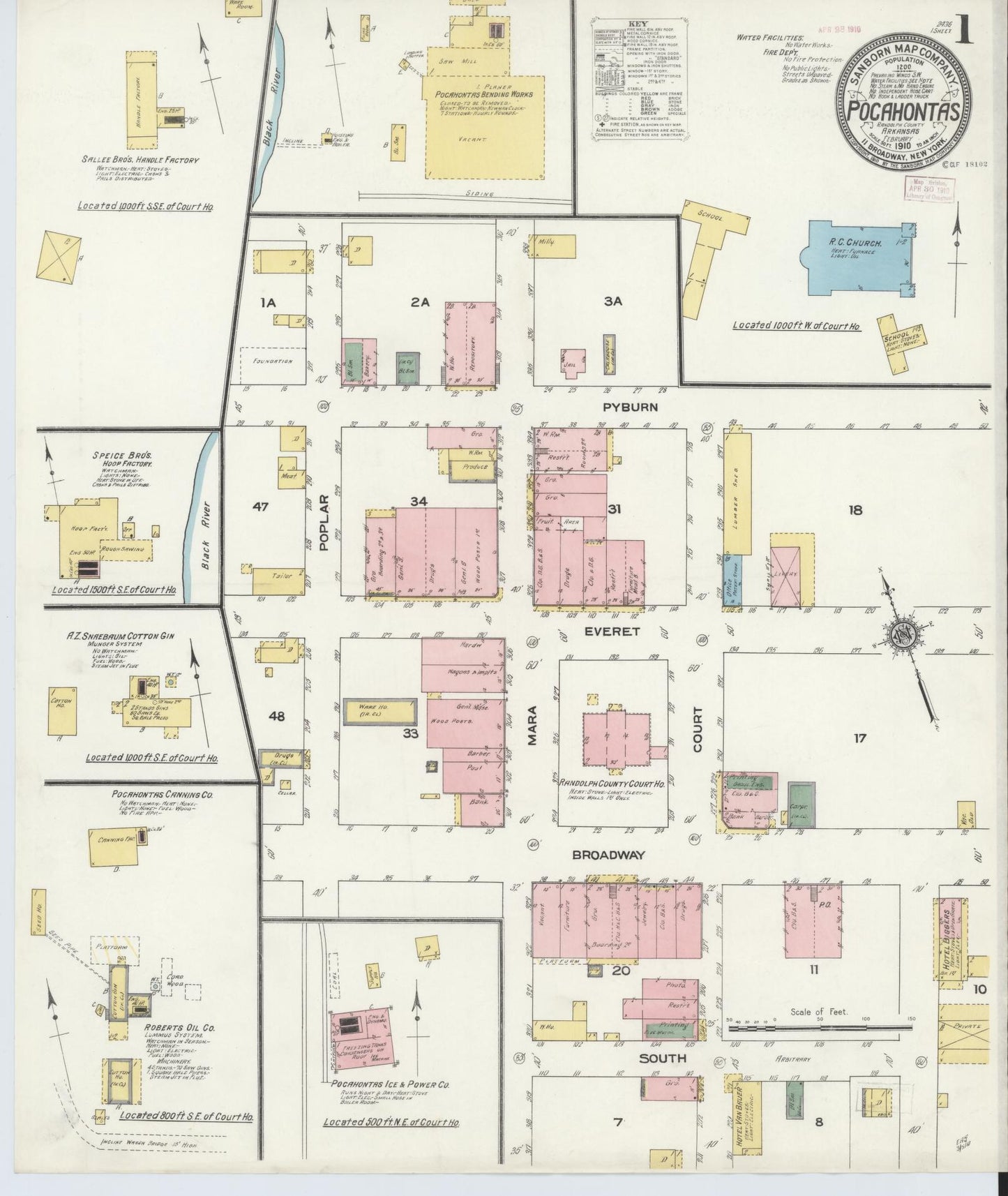 Sanborn Fire Insurance Map from Pocahontas, Randolph County, Arkansas (1910), Sheet #0001 - Historic Sanborn Fire Insurance Map Print, vintage old map wall art, antique decor, genealogy gift, Arkansas Arkansas map