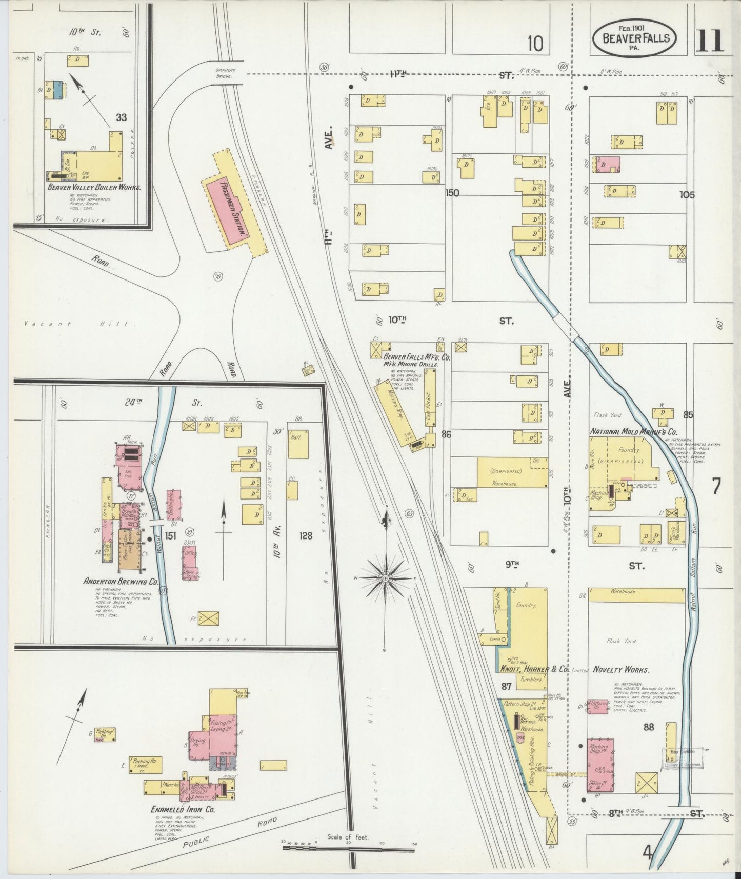 Sanborn Fire Insurance Map from Beaver Falls, Beaver County, Pennsylvania (1901), Sheet #0011 - Historic Sanborn Fire Insurance Map Print, vintage old map wall art, antique decor, genealogy gift, Pennsylvania Pennsylvania map