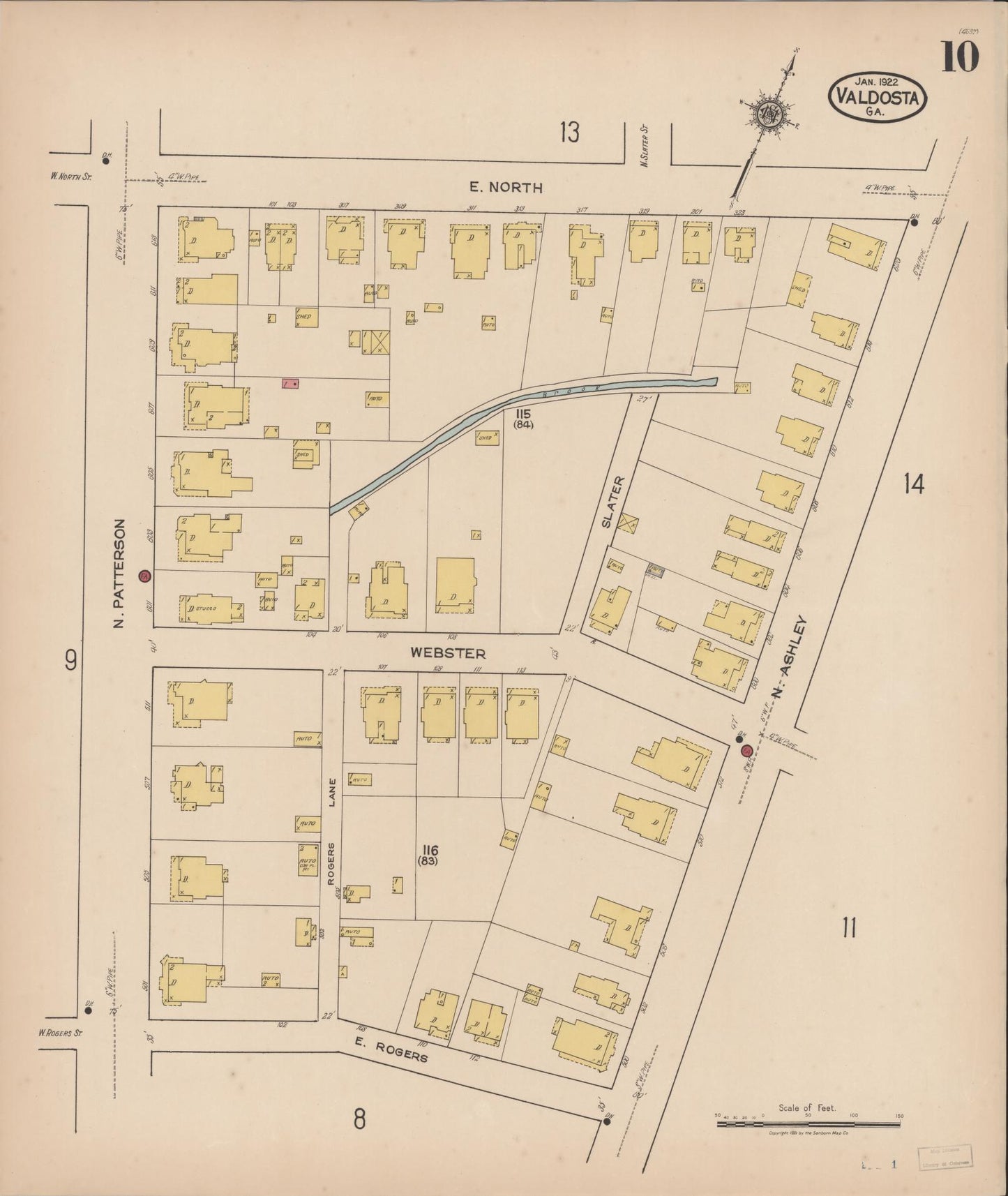 Sanborn Fire Insurance Map from Valdosta, Lowndes County, Georgia (1922), Sheet #0010 - Historic Sanborn Fire Insurance Map Print, vintage old map wall art, antique decor, genealogy gift, Georgia Georgia map