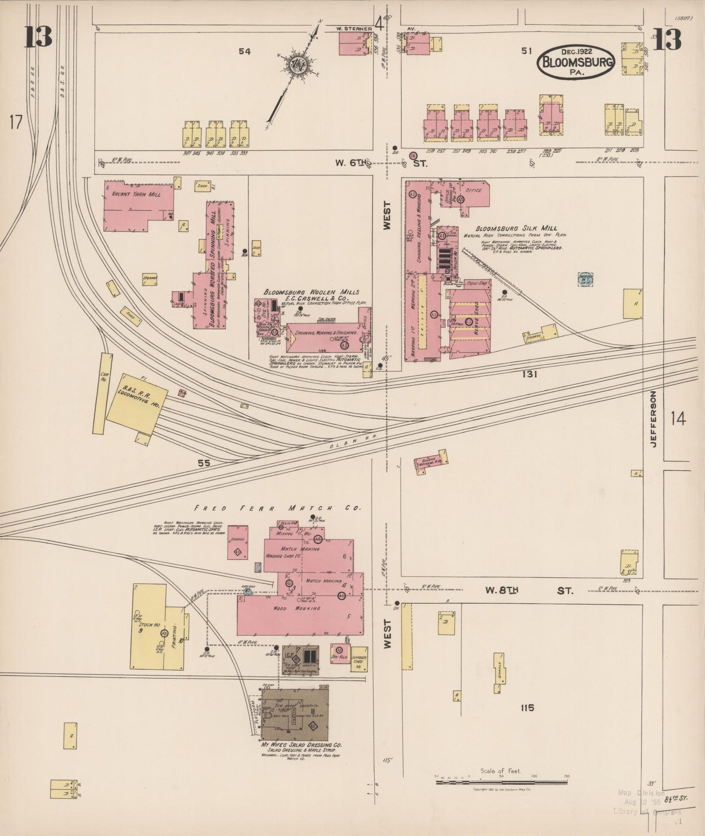 Sanborn Fire Insurance Map from Bloomsburg, Columbia County, Pennsylvania (1922), Sheet #0013 - Historic Sanborn Fire Insurance Map Print, vintage old map wall art, antique decor, genealogy gift, Pennsylvania Pennsylvania map