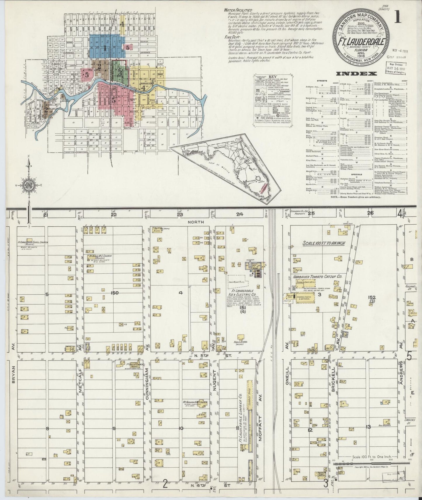 Sanborn Fire Insurance Map from Fort Lauderdale, Broward County, Florida (1918), Sheet #0001 - Historic Sanborn Fire Insurance Map Print, vintage old map wall art, antique decor, genealogy gift, Florida Florida map