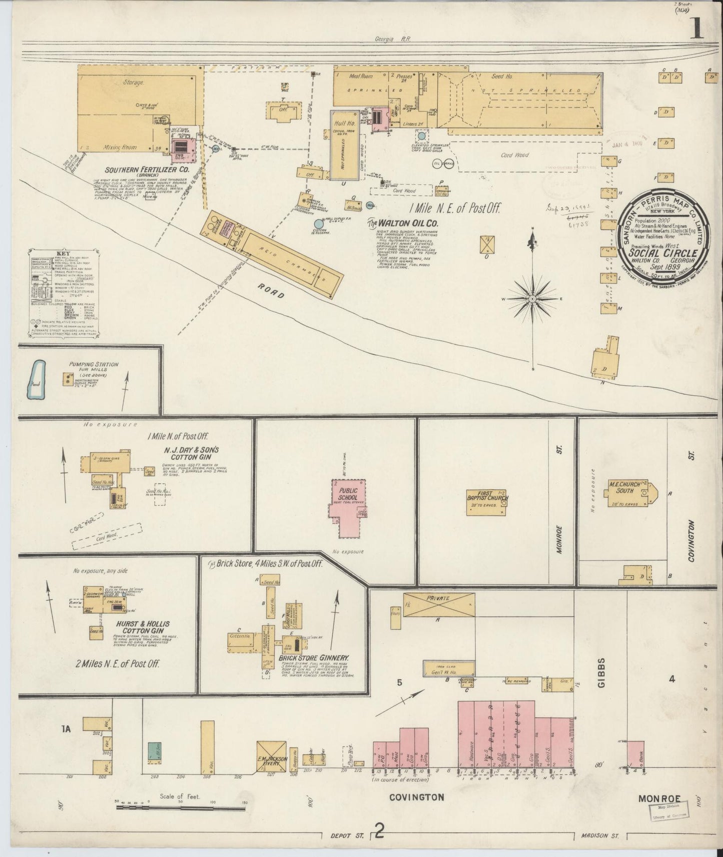 Sanborn Fire Insurance Map from Social Circle, Walton County, Georgia (1899), Sheet #0001 - Historic Sanborn Fire Insurance Map Print, vintage old map wall art, antique decor, genealogy gift, Georgia Georgia map