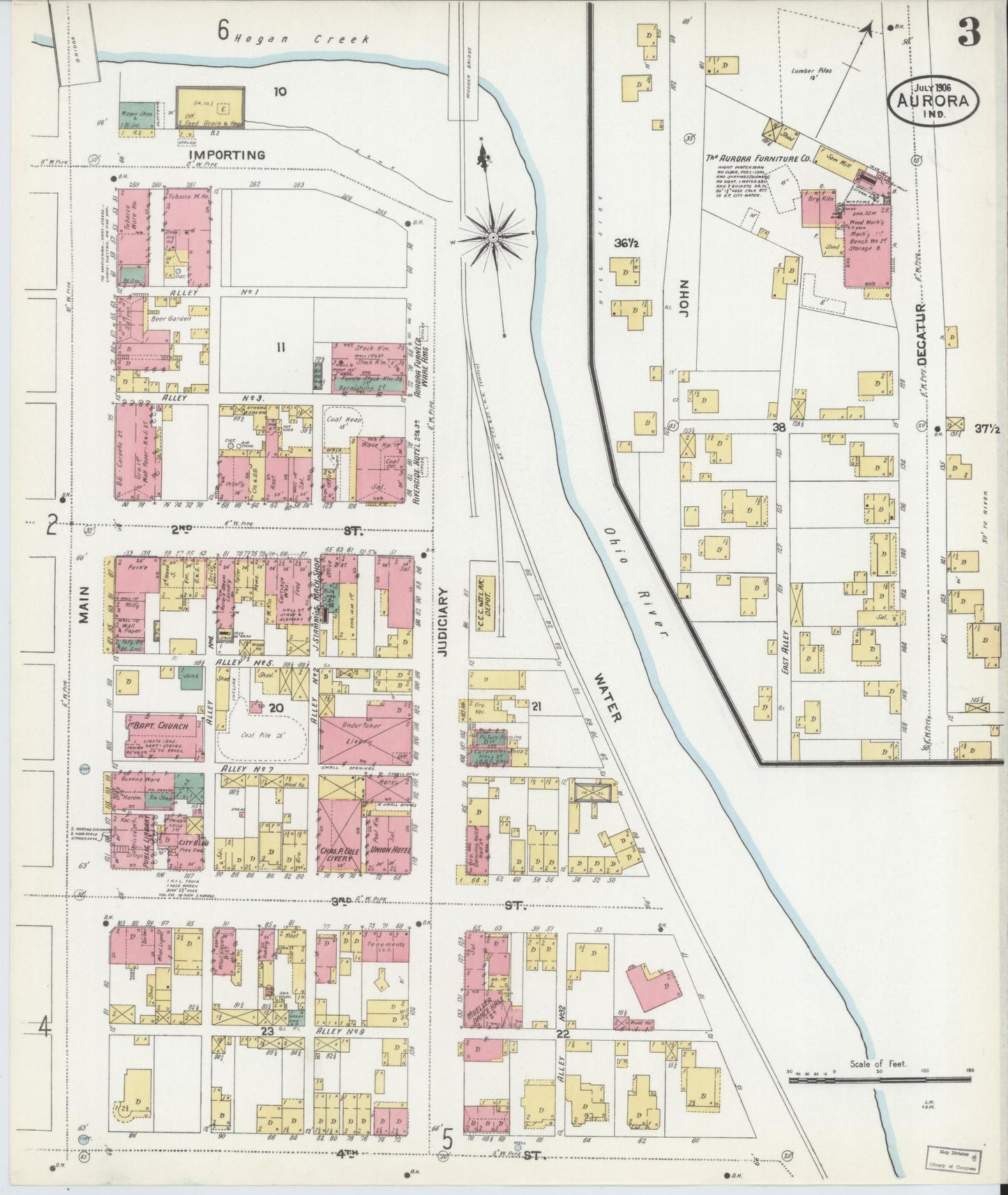 Sanborn Fire Insurance Map from Aurora, Dearborn County, Indiana (1906), Sheet #0003 - Historic Sanborn Fire Insurance Map Print, vintage old map wall art, antique decor, genealogy gift, Indiana Indiana map