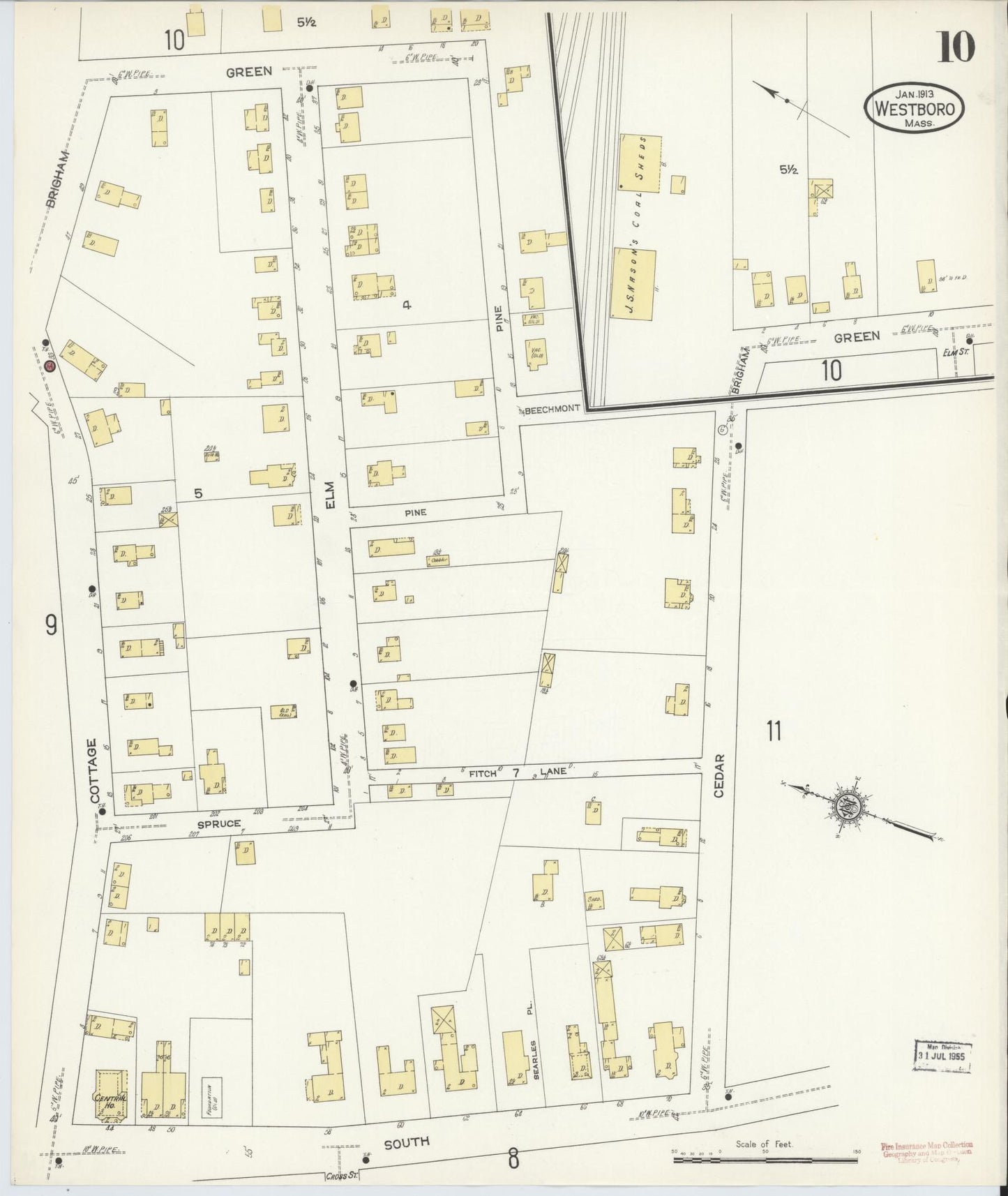 Sanborn Fire Insurance Map from Westboro, Worcester County, Massachusetts (1913), Sheet #0010 - Historic Sanborn Fire Insurance Map Print, vintage old map wall art, antique decor, genealogy gift, Massachusetts Massachusetts map