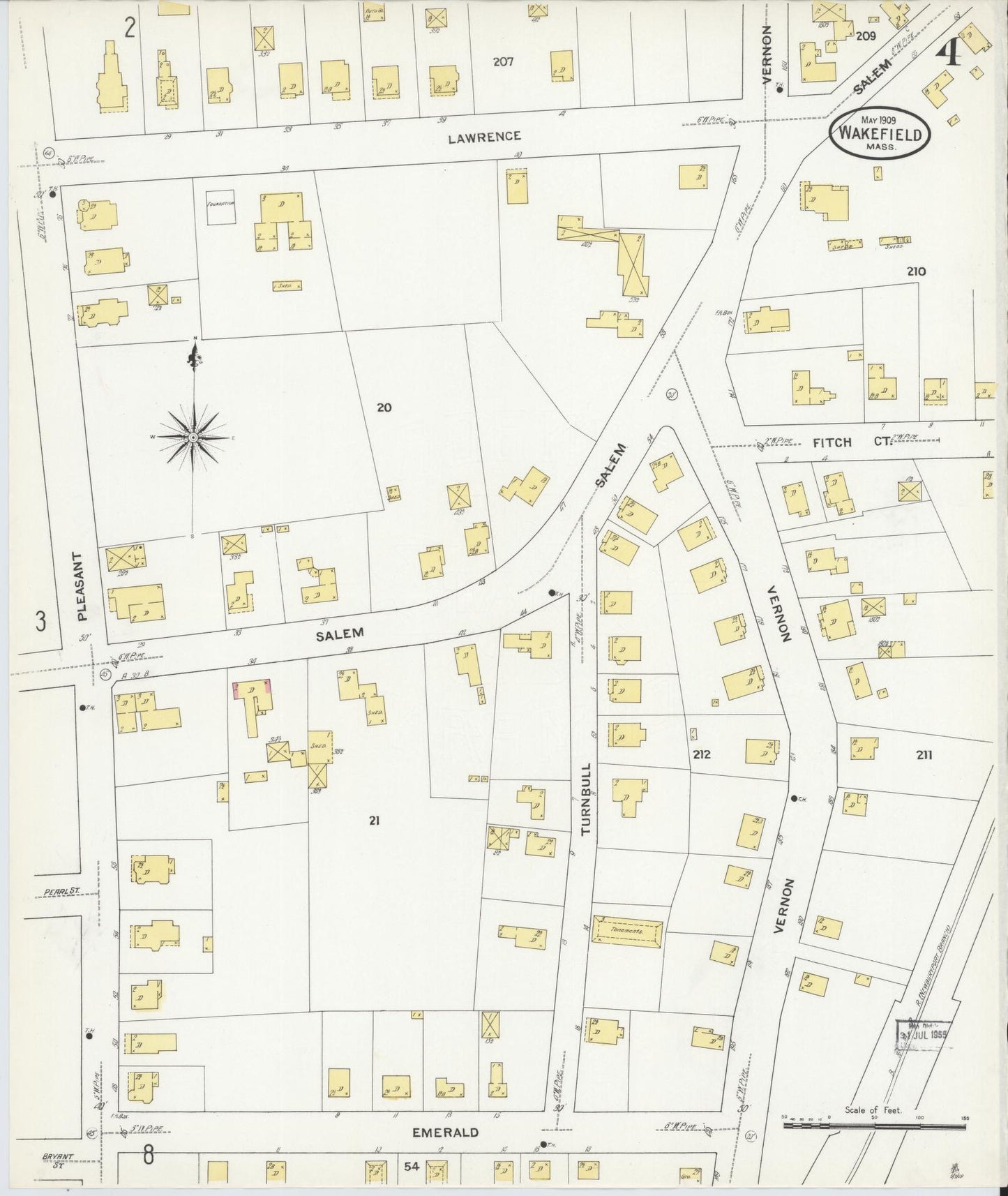 Sanborn Fire Insurance Map from Wakefield, Middlesex County, Massachusetts (1909), Sheet #0004 - Historic Sanborn Fire Insurance Map Print, vintage old map wall art, antique decor, genealogy gift, Massachusetts Massachusetts map