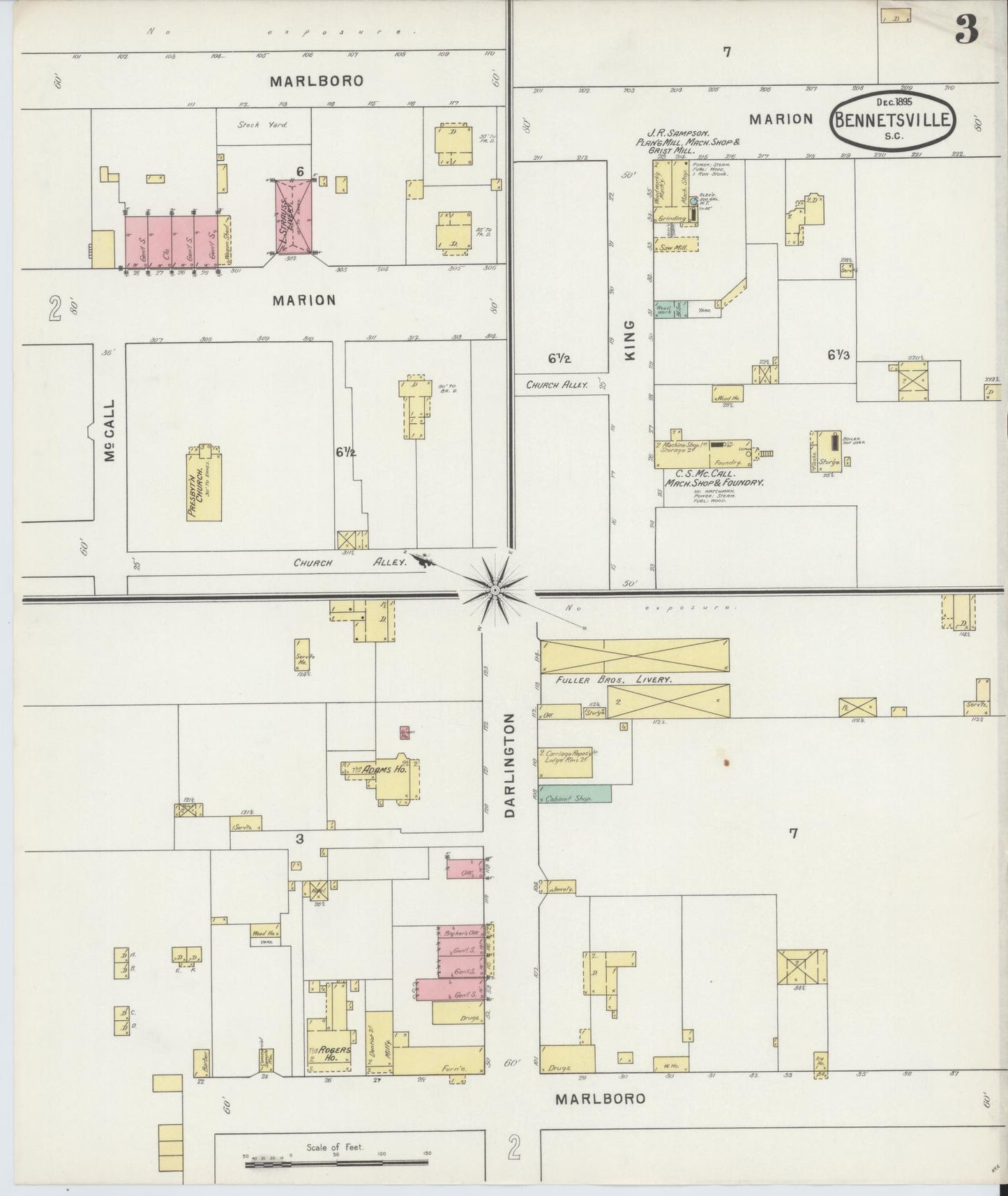 Sanborn Fire Insurance Map from Bennettsville, Marlboro County, South Carolina (1895), Sheet #0003 - Complete Map Set gallery image, historic Sanborn map, vintage wall art, South Carolina South Carolina