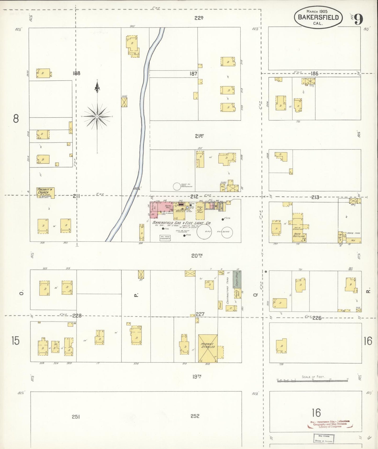 Sanborn Fire Insurance Map from Bakersfield, Kern County, California (1905), Sheet #0009 - Historic Sanborn Fire Insurance Map Print, vintage old map wall art, antique decor, genealogy gift, California California map