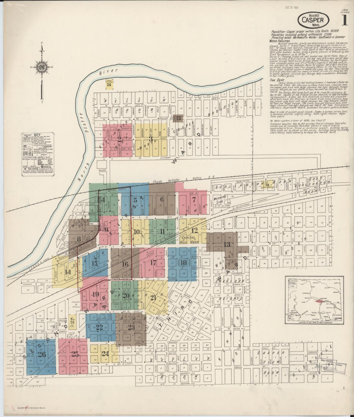 Sanborn Fire Insurance Map from Casper, Natrona County, Wyoming (1921), Sheet #0002 - Historic Sanborn Fire Insurance Map Print, vintage old map wall art, antique decor, genealogy gift, Wyoming Wyoming map