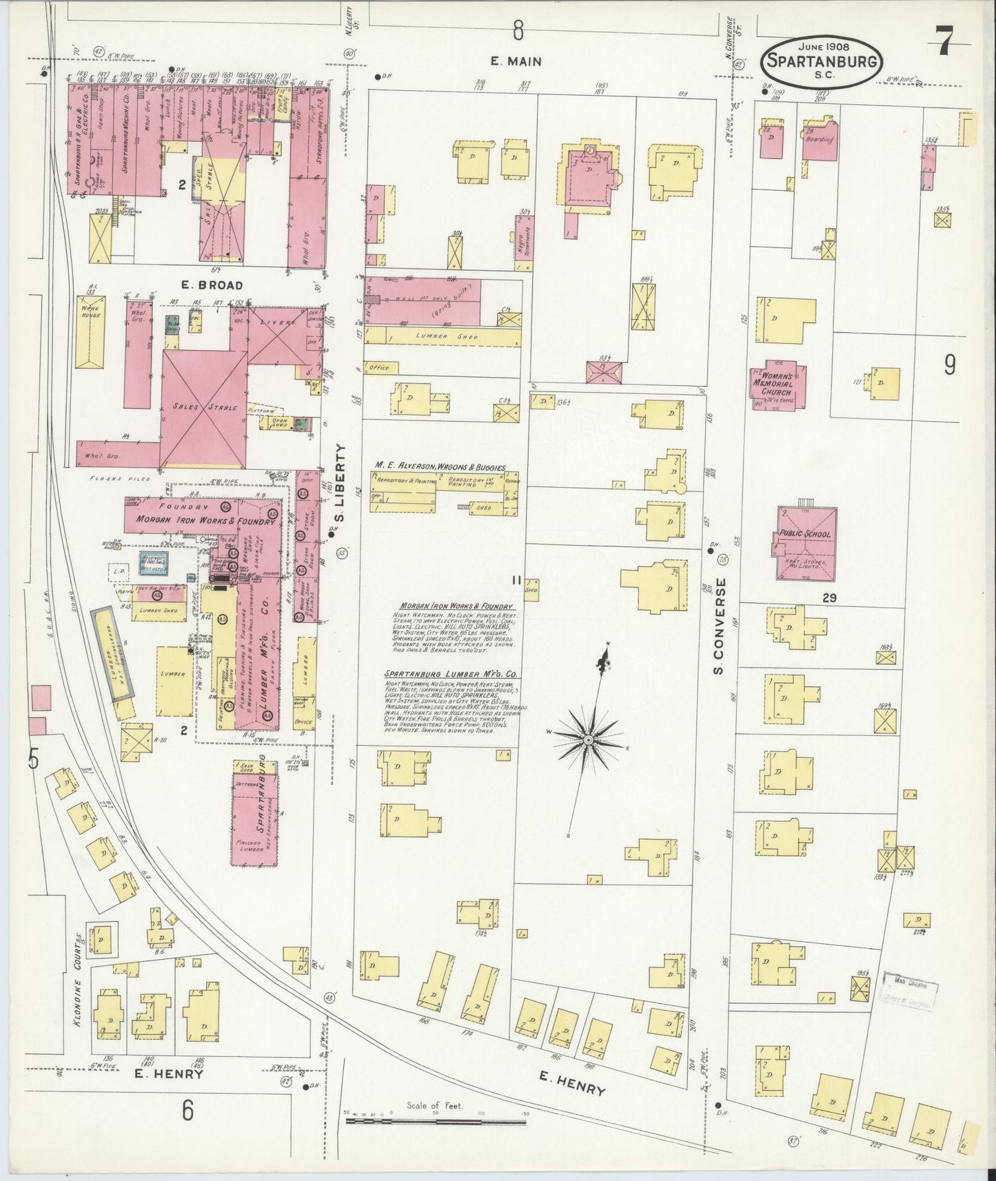 Sanborn Fire Insurance Map from Spartanburg, Spartanburg County, South Carolina (1908), Sheet #0007 - Historic Sanborn Fire Insurance Map Print, vintage old map wall art, antique decor, genealogy gift, South Carolina South Carolina map