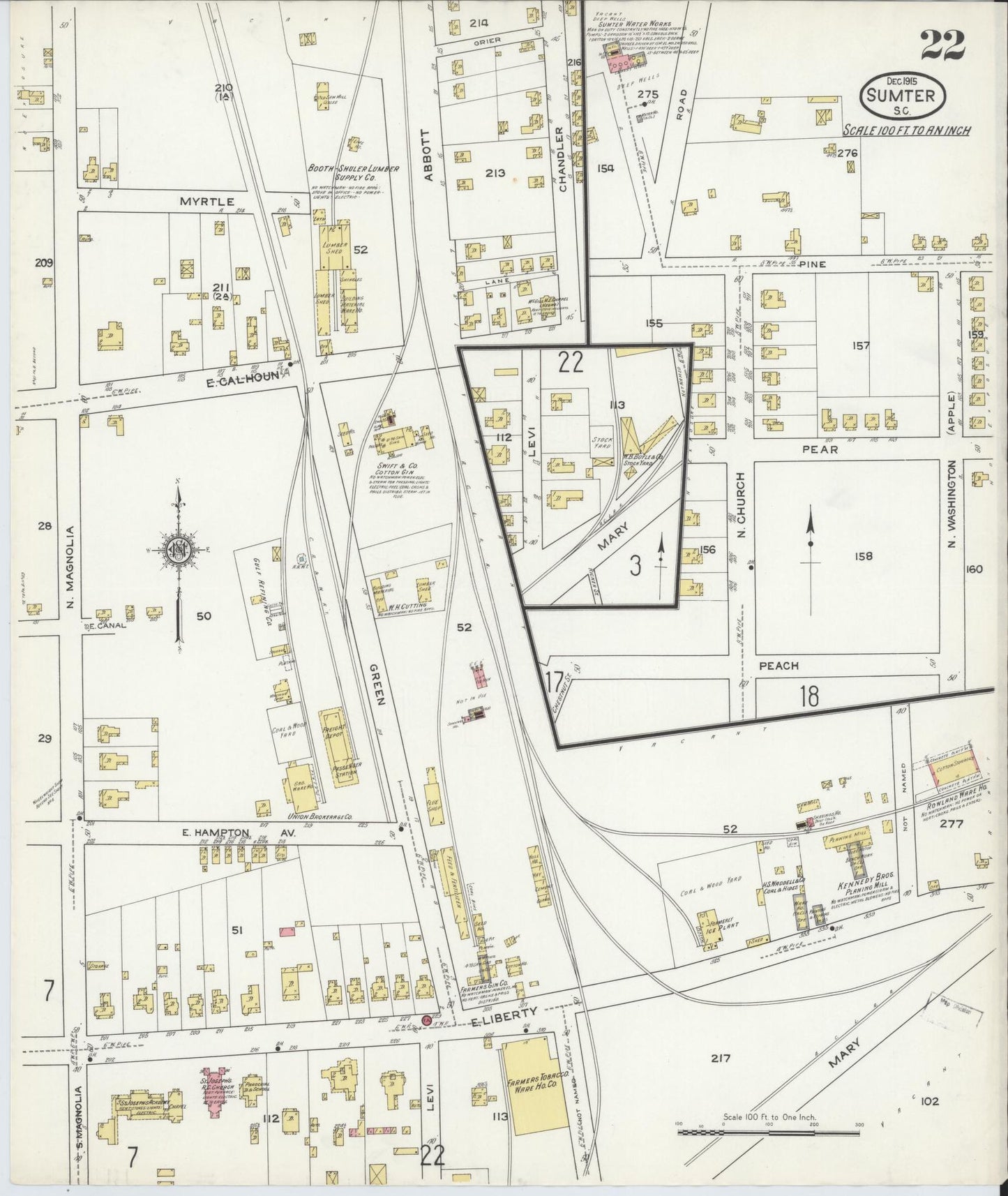 Sanborn Fire Insurance Map from Sumter, Sumter County, South Carolina (1915), Sheet #0022 - Historic Sanborn Fire Insurance Map Print, vintage old map wall art, antique decor, genealogy gift, South Carolina South Carolina map