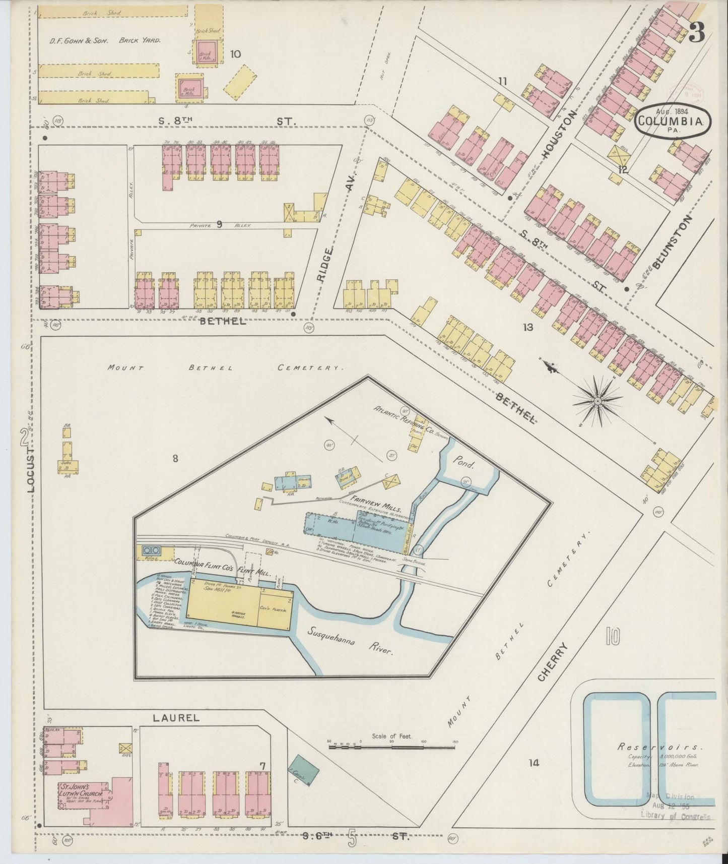 Sanborn Fire Insurance Map from Columbia, Lancaster County, Pennsylvania (1894), Sheet #0003 - Historic Sanborn Fire Insurance Map Print, vintage old map wall art, antique decor, genealogy gift, Pennsylvania Pennsylvania map