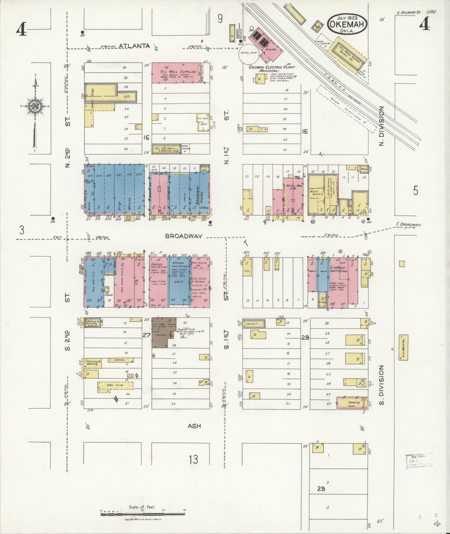 Sanborn Fire Insurance Map from Okemah, Okfuskee County, Oklahoma (1923), Sheet #0004 - Historic Sanborn Fire Insurance Map Print, vintage old map wall art, antique decor, genealogy gift, Oklahoma Oklahoma map