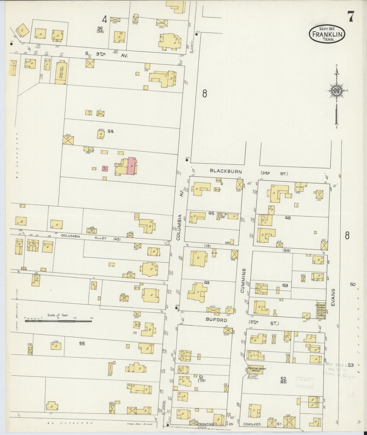 Sanborn Fire Insurance Map from Franklin, Williamson County, Tennessee (1913), Sheet #0007 - Historic Sanborn Fire Insurance Map Print, vintage old map wall art, antique decor, genealogy gift, Tennessee Tennessee map
