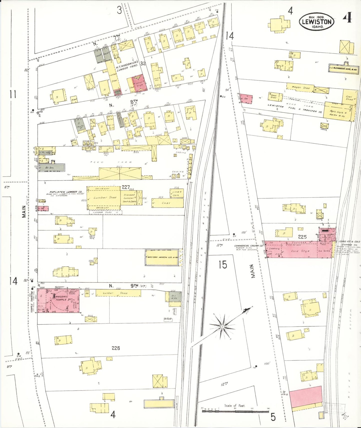 Sanborn Fire Insurance Map from Lewiston, Nez Perce County, Idaho (1909), Sheet #0004 - Historic Sanborn Fire Insurance Map Print, vintage old map wall art, antique decor, genealogy gift, Idaho Idaho map
