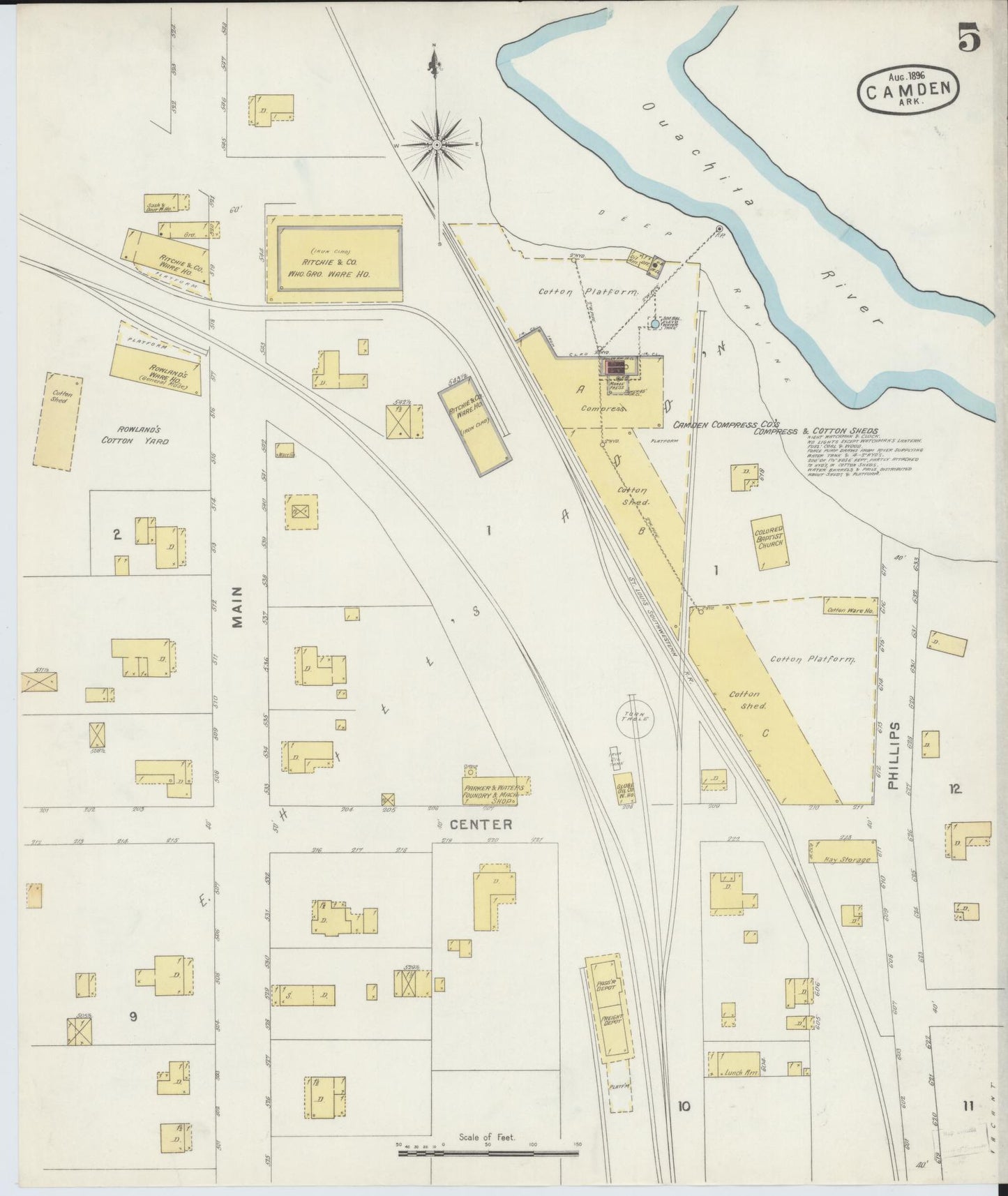 Sanborn Fire Insurance Map from Camden, Ouachita County, Arkansas (1896), Sheet #0005 - Complete Map Set gallery image, historic Sanborn map, vintage wall art, Arkansas Arkansas
