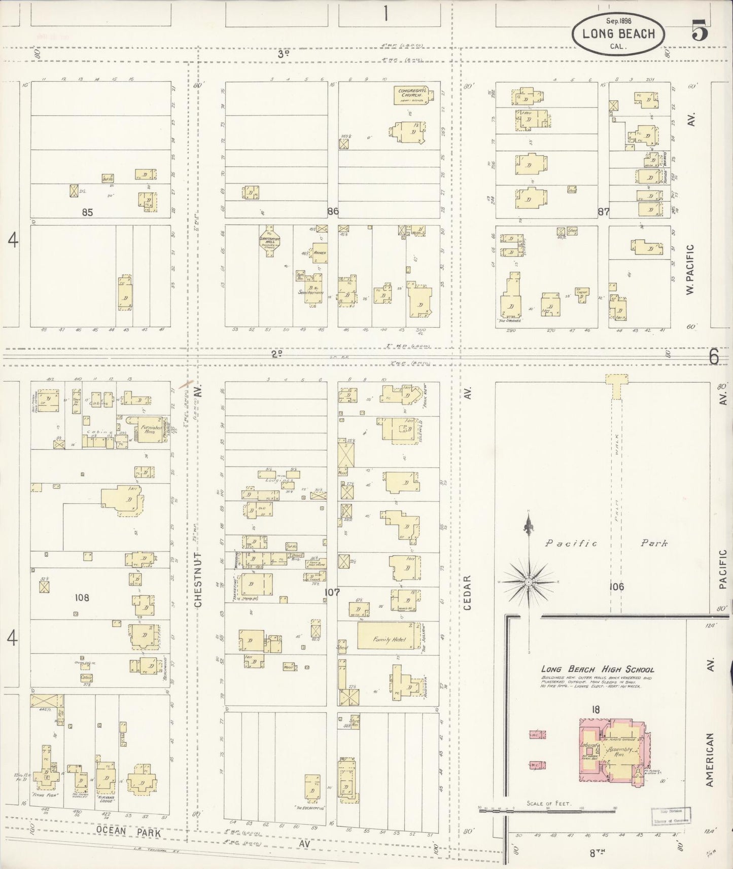 Sanborn Fire Insurance Map from Long Beach, Los Angeles County, California (1898), Sheet #0005 - Historic Sanborn Fire Insurance Map Print, vintage old map wall art, antique decor, genealogy gift, California California map
