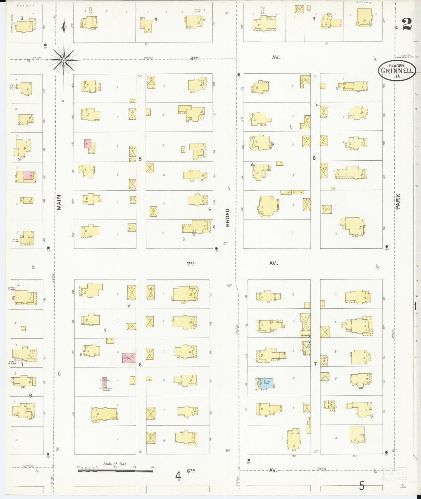 Sanborn Fire Insurance Map from Grinnell, Poweshiek County, Iowa (1906), Sheet #0002 - Historic Sanborn Fire Insurance Map Print, vintage old map wall art