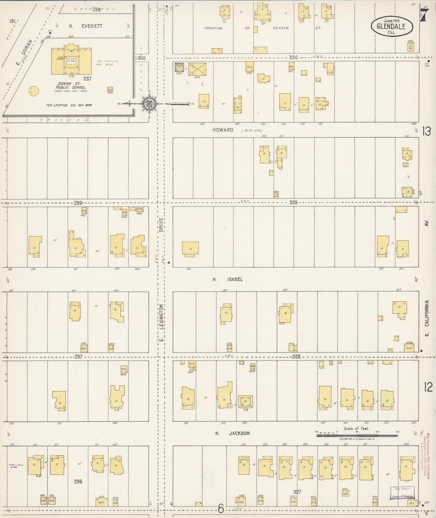 Sanborn Fire Insurance Map from Glendale, Los Angeles County, California (1919), Sheet #0007 - Historic Sanborn Fire Insurance Map Print, vintage old map wall art, antique decor, genealogy gift, California California map