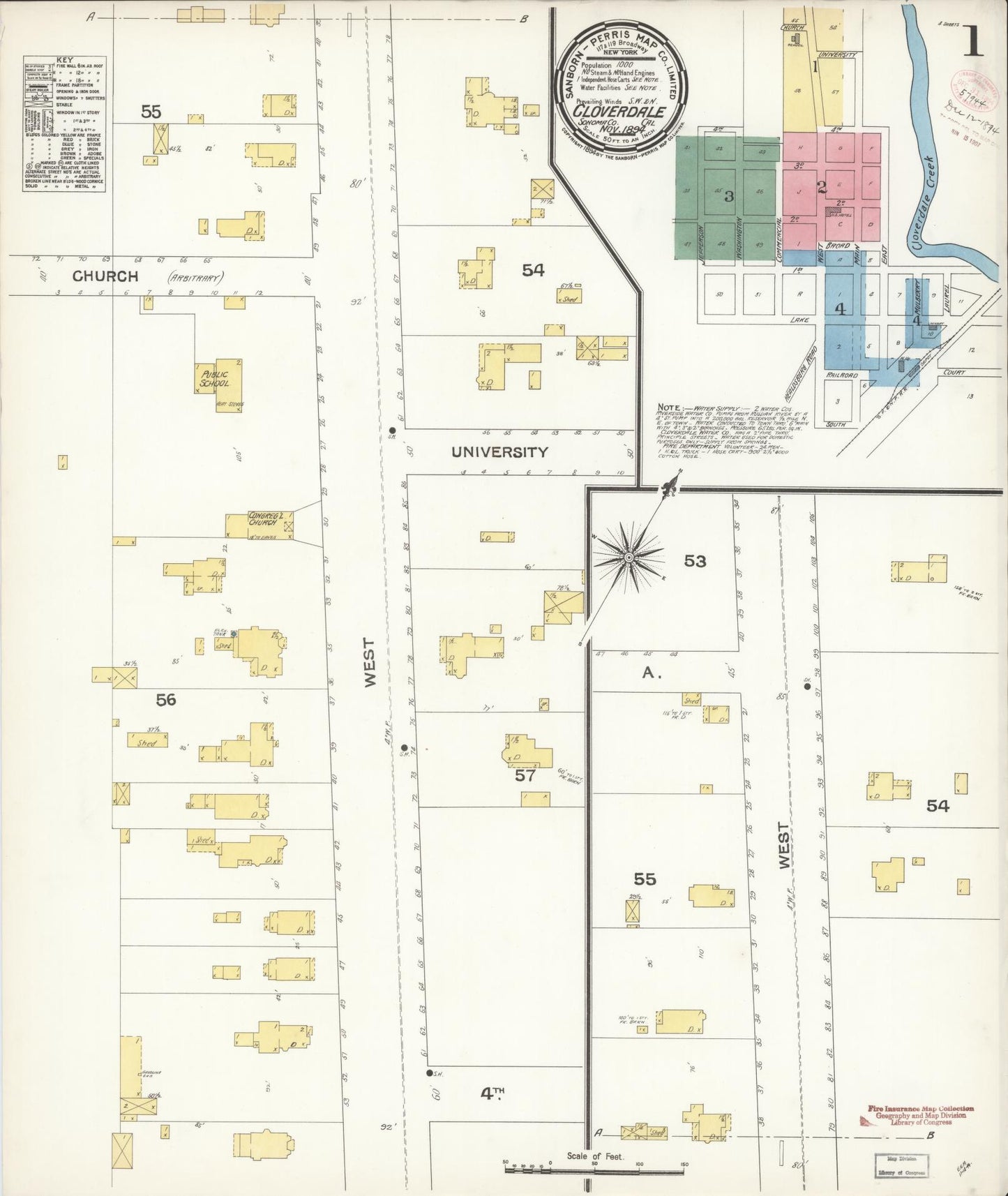 Sanborn Fire Insurance Map from Cloverdale, Sonoma County, California (1894), Sheet #0001 - Historic Sanborn Fire Insurance Map Print, vintage old map wall art, antique decor, genealogy gift, California California map