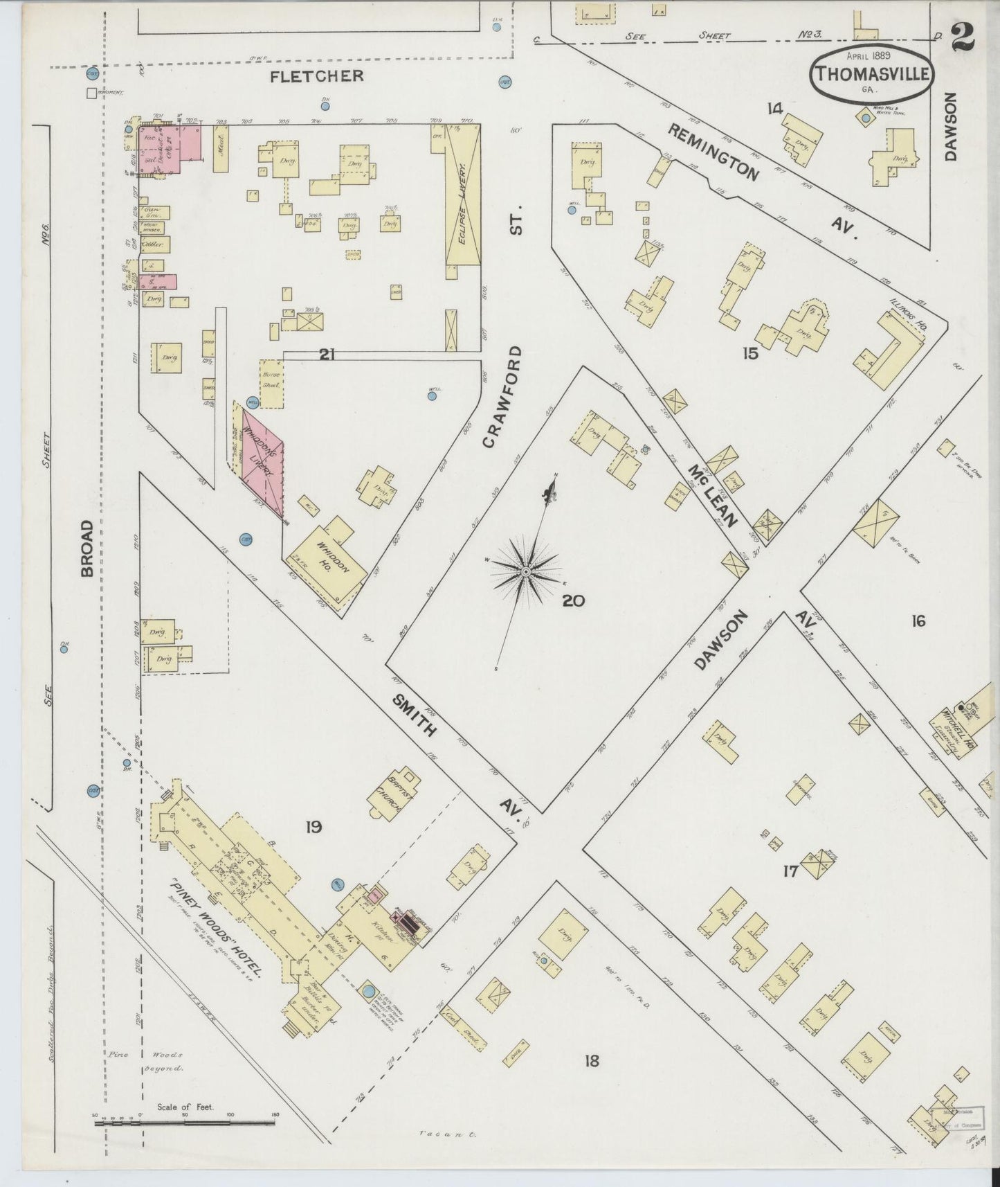 Sanborn Fire Insurance Map from Thomasville, Thomas County, Georgia (1889), Sheet #0002 - Historic Sanborn Fire Insurance Map Print, vintage old map wall art, antique decor, genealogy gift, Georgia Georgia map