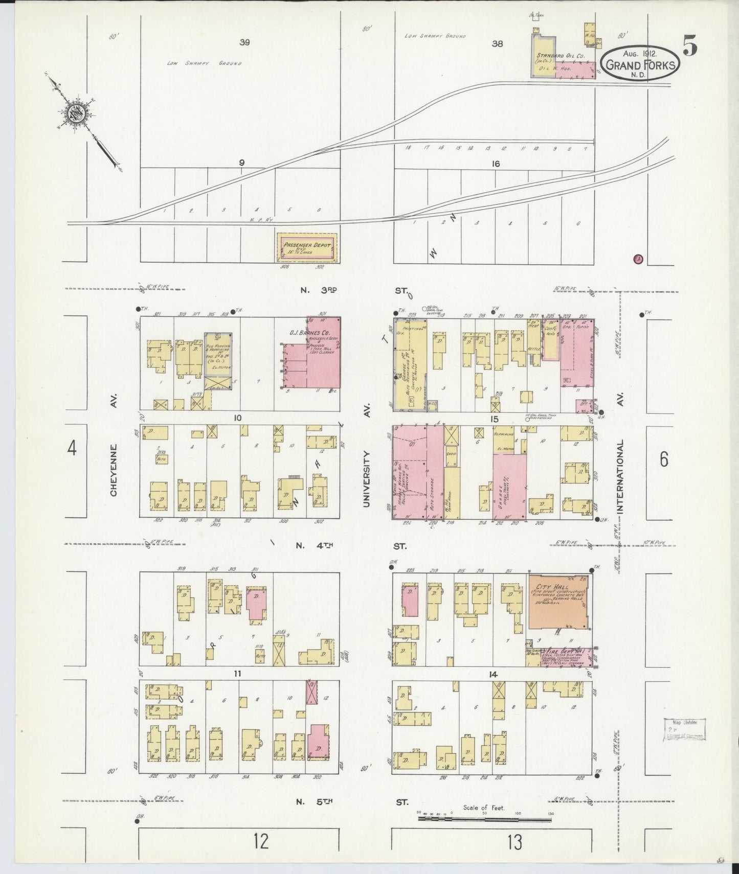 Sanborn Fire Insurance Map from Grand Forks, Grand Forks County, North Dakota (1912), Sheet #0005 - Historic Sanborn Fire Insurance Map Print, vintage old map wall art, antique decor, genealogy gift, North Dakota North Dakota map