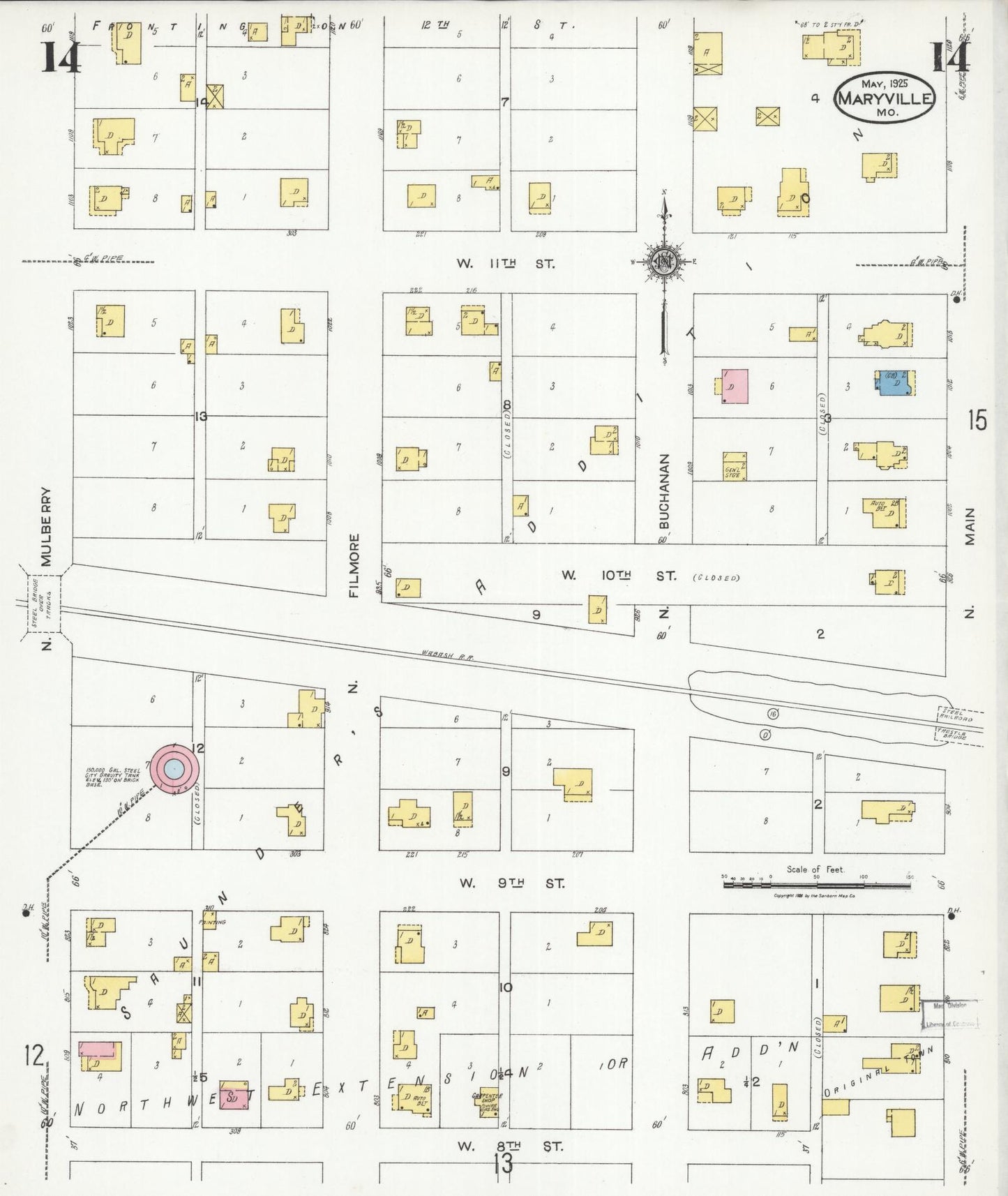 Sanborn Fire Insurance Map from Maryville, Nodaway County, Missouri (1925), Sheet #0014 - Historic Sanborn Fire Insurance Map Print, vintage old map wall art, antique decor, genealogy gift, Missouri Missouri map