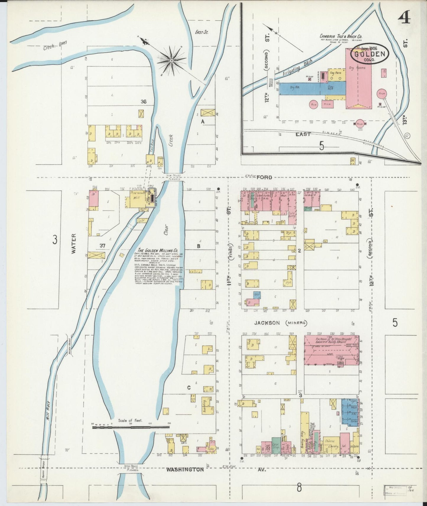 Sanborn Fire Insurance Map from Golden, Jefferson County, Colorado (1906), Sheet #0004 - Historic Sanborn Fire Insurance Map Print, vintage old map wall art, antique decor, genealogy gift, Colorado Colorado map