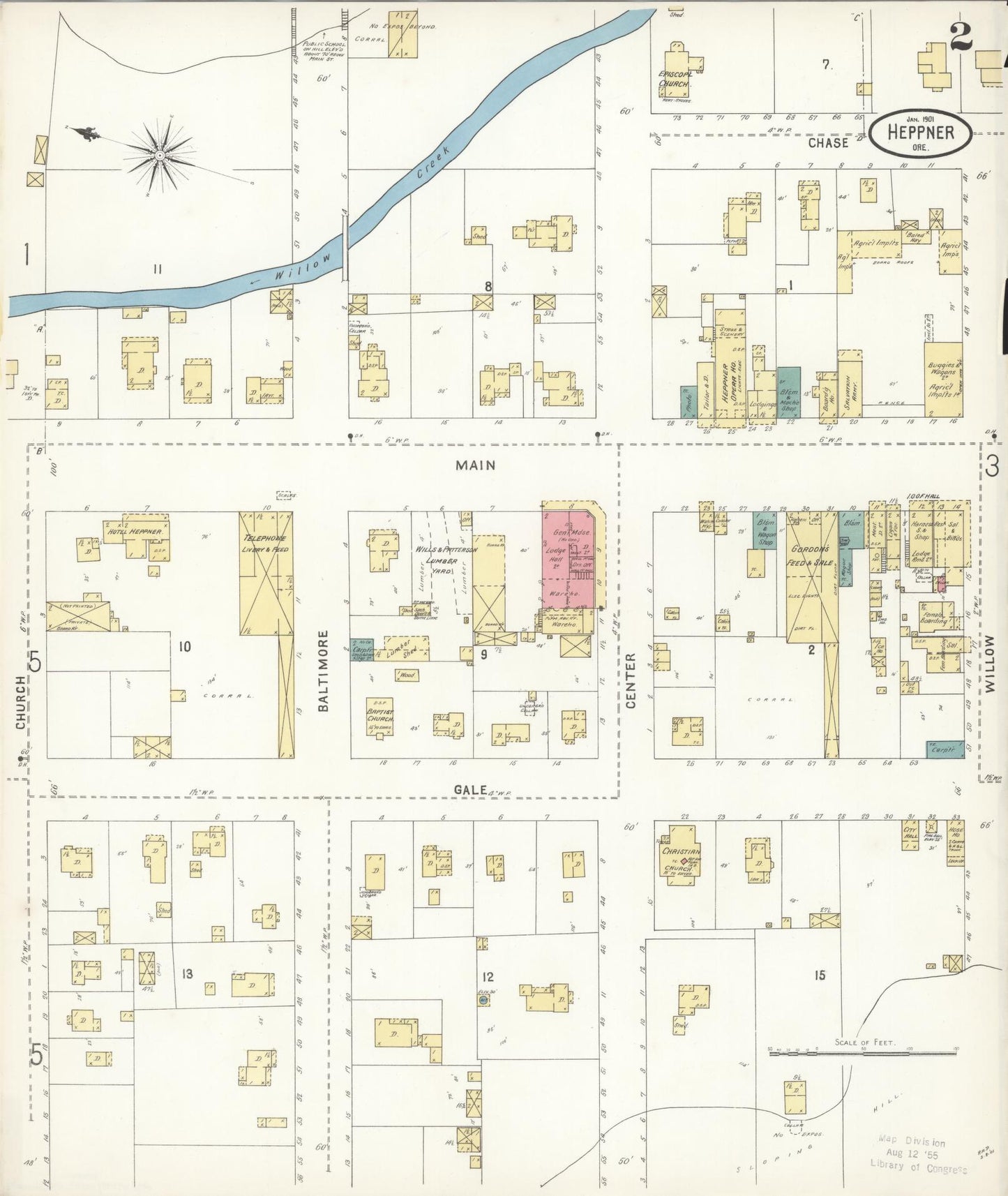 Sanborn Fire Insurance Map from Heppner, Morrow County, Oregon (1901), Sheet #0002 - Historic Sanborn Fire Insurance Map Print, vintage old map wall art, antique decor, genealogy gift, Oregon Oregon map