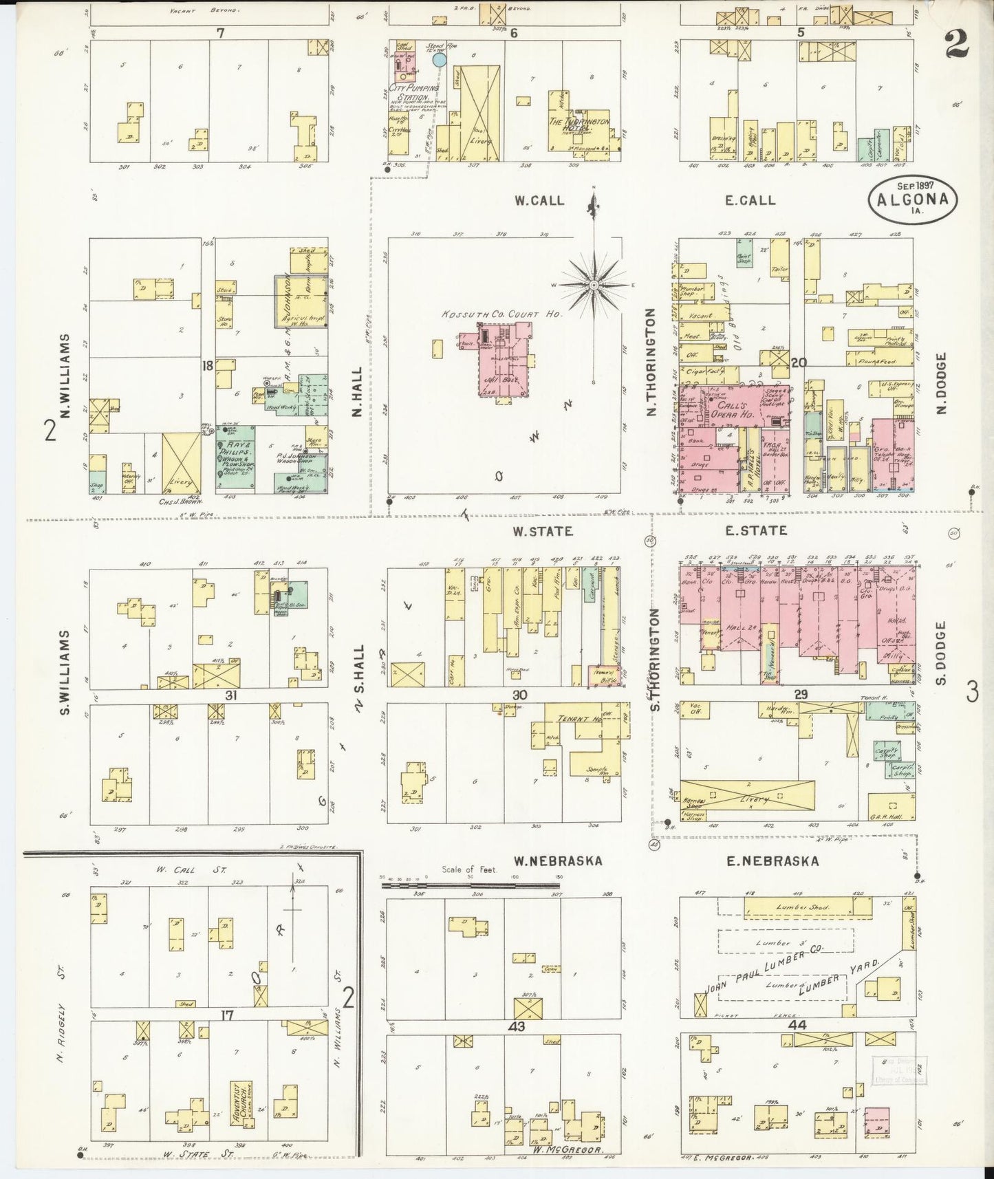 Sanborn Fire Insurance Map from Algona, Kossuth County, Iowa (1897), Sheet #0002 - Historic Sanborn Fire Insurance Map Print, vintage old map wall art