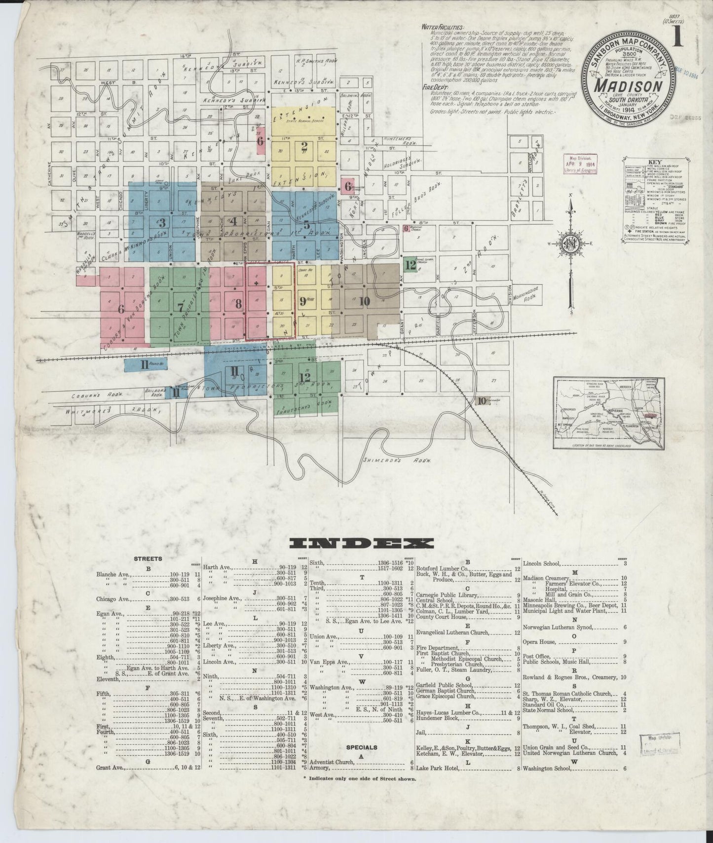 Sanborn Fire Insurance Map from Madison, Lake County, South Dakota (1914), Sheet #0001 - Historic Sanborn Fire Insurance Map Print, vintage old map wall art, antique decor, genealogy gift, South Dakota South Dakota map
