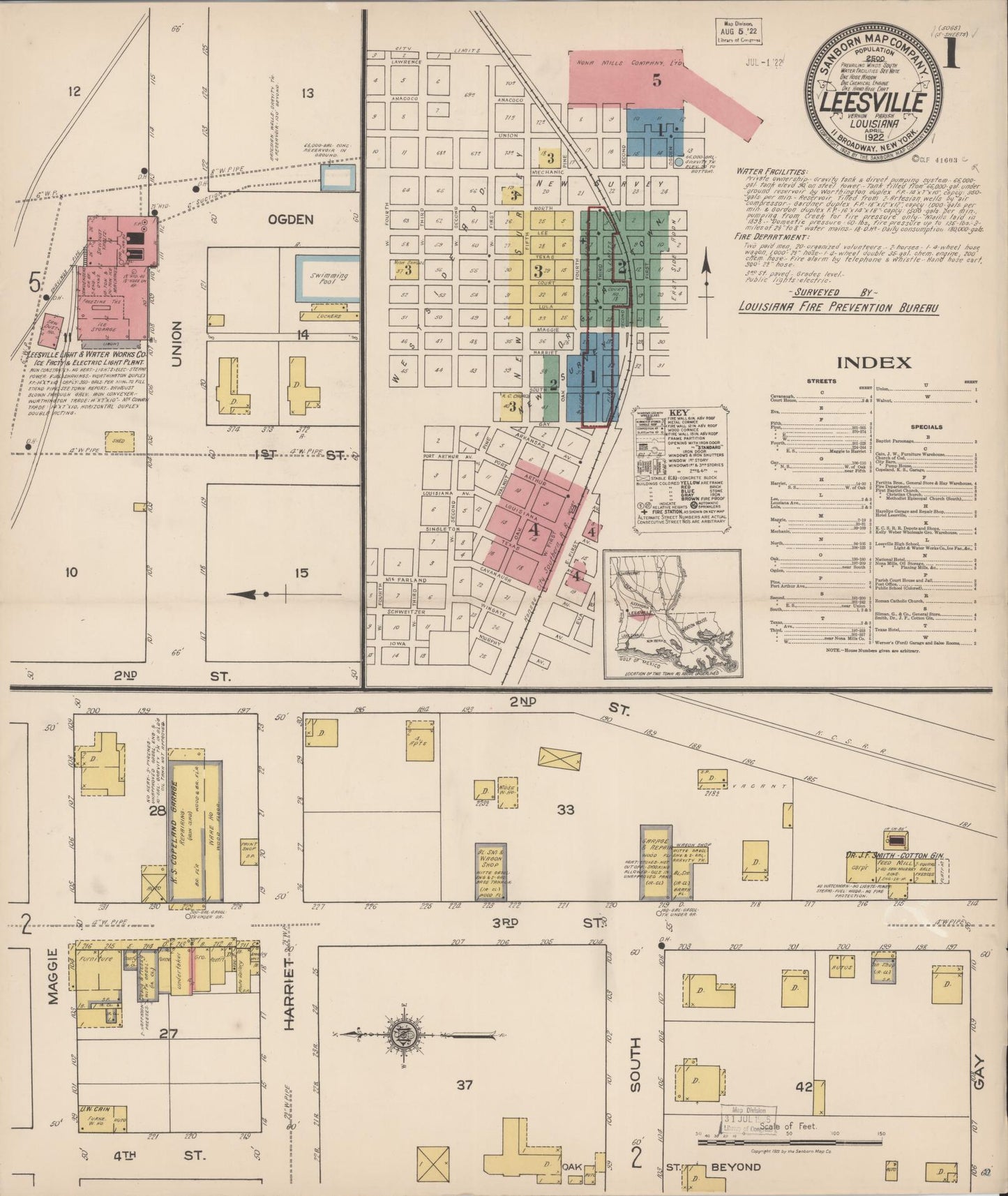 Sanborn Fire Insurance Map from Leesville, Vernon Parish, Louisiana (1922), Sheet #0001 - Historic Sanborn Fire Insurance Map Print, vintage old map wall art, antique decor, genealogy gift, Louisiana Louisiana map