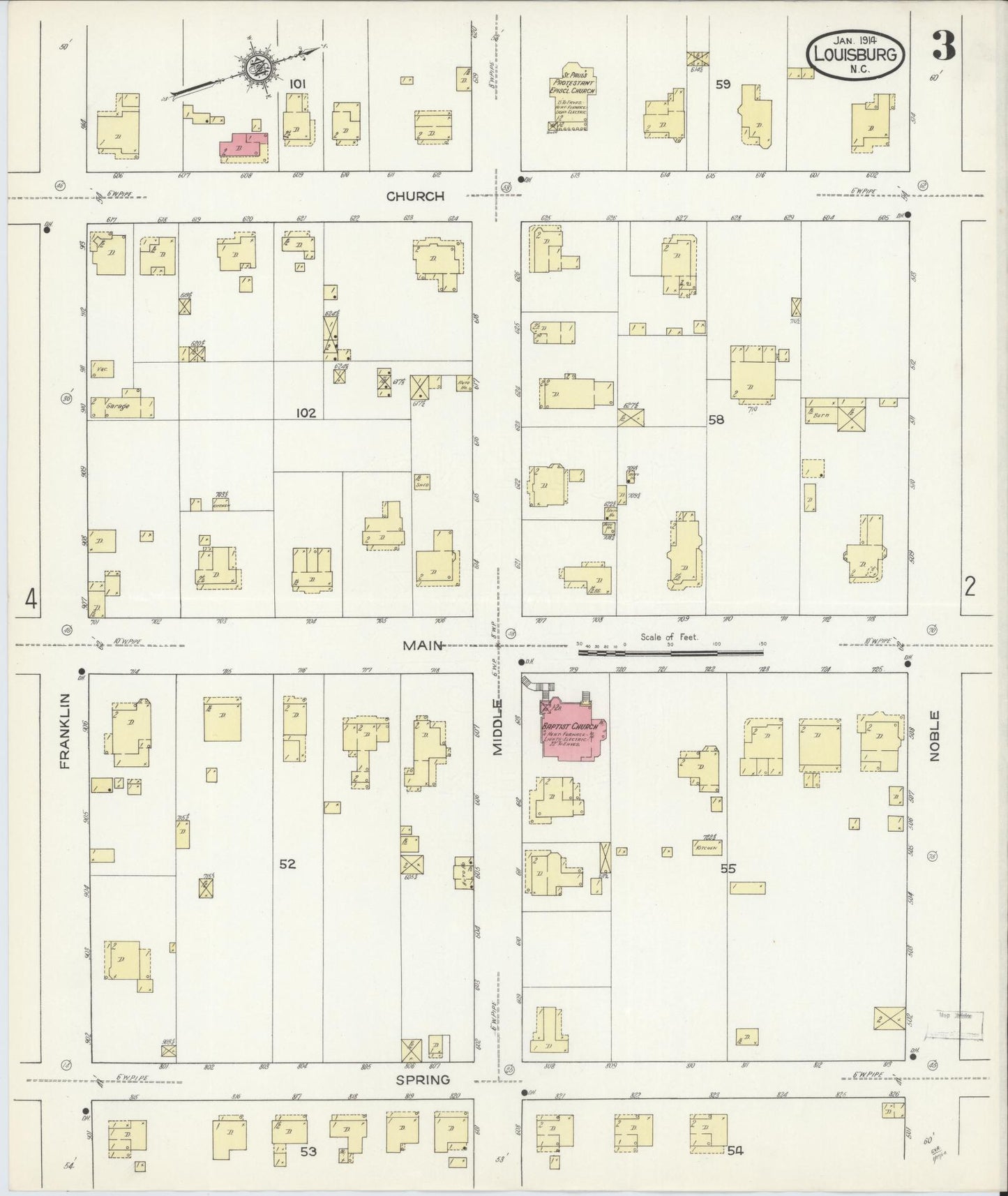 Sanborn Fire Insurance Map from Louisburg, Franklin County, North Carolina (1914), Sheet #0003 - Historic Sanborn Fire Insurance Map Print, vintage old map wall art, antique decor, genealogy gift, North Carolina North Carolina map