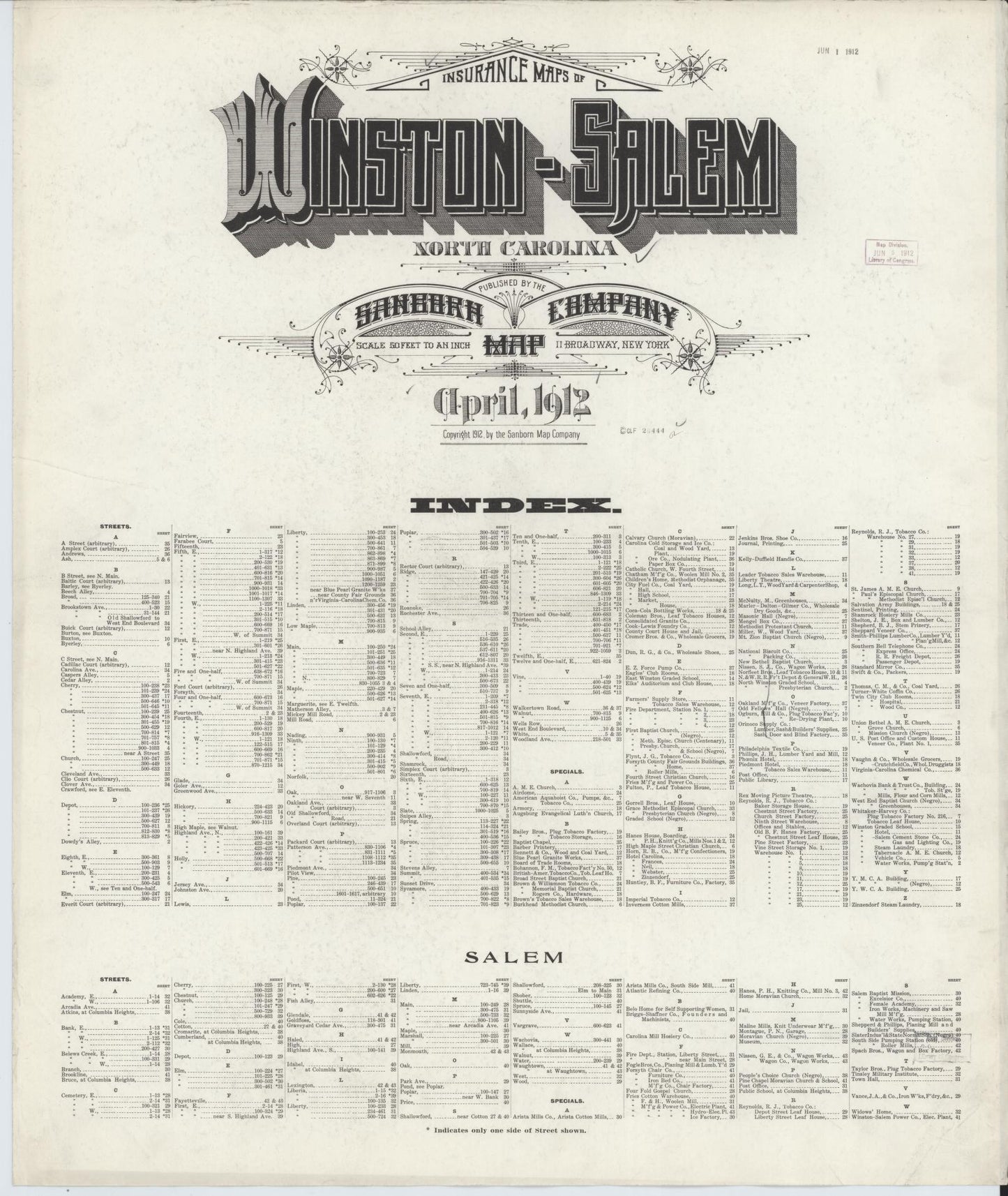 Sanborn Fire Insurance Map from Winston-Salem, Forsyth County, North Carolina (1912), Sheet #0001 - Historic Sanborn Fire Insurance Map Print, vintage old map wall art, antique decor, genealogy gift, North Carolina North Carolina map
