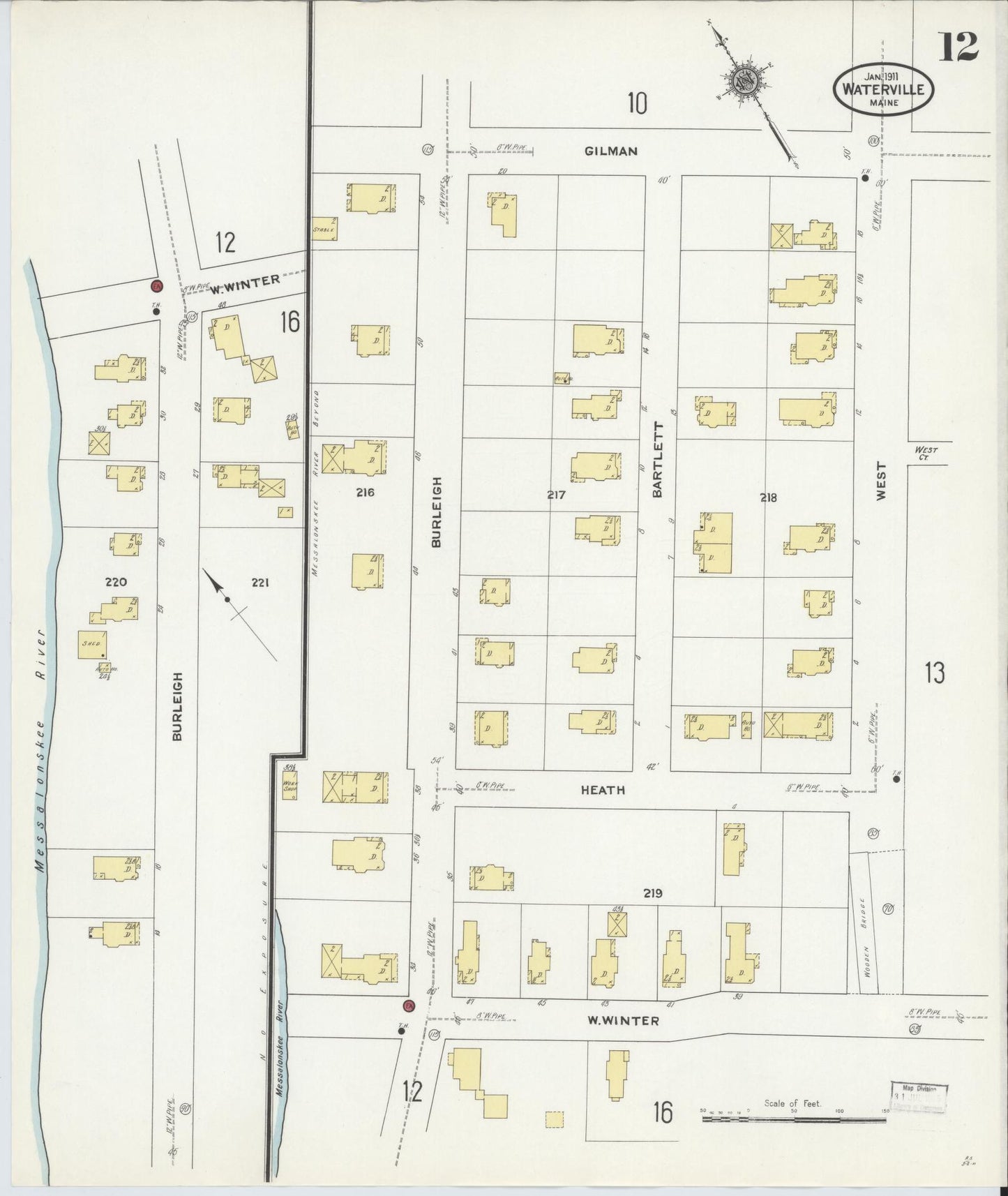 Sanborn Fire Insurance Map from Waterville, Kennebec County, Maine (1911), Sheet #0012 - Historic Sanborn Fire Insurance Map Print, vintage old map wall art, antique decor, genealogy gift, Maine Maine map