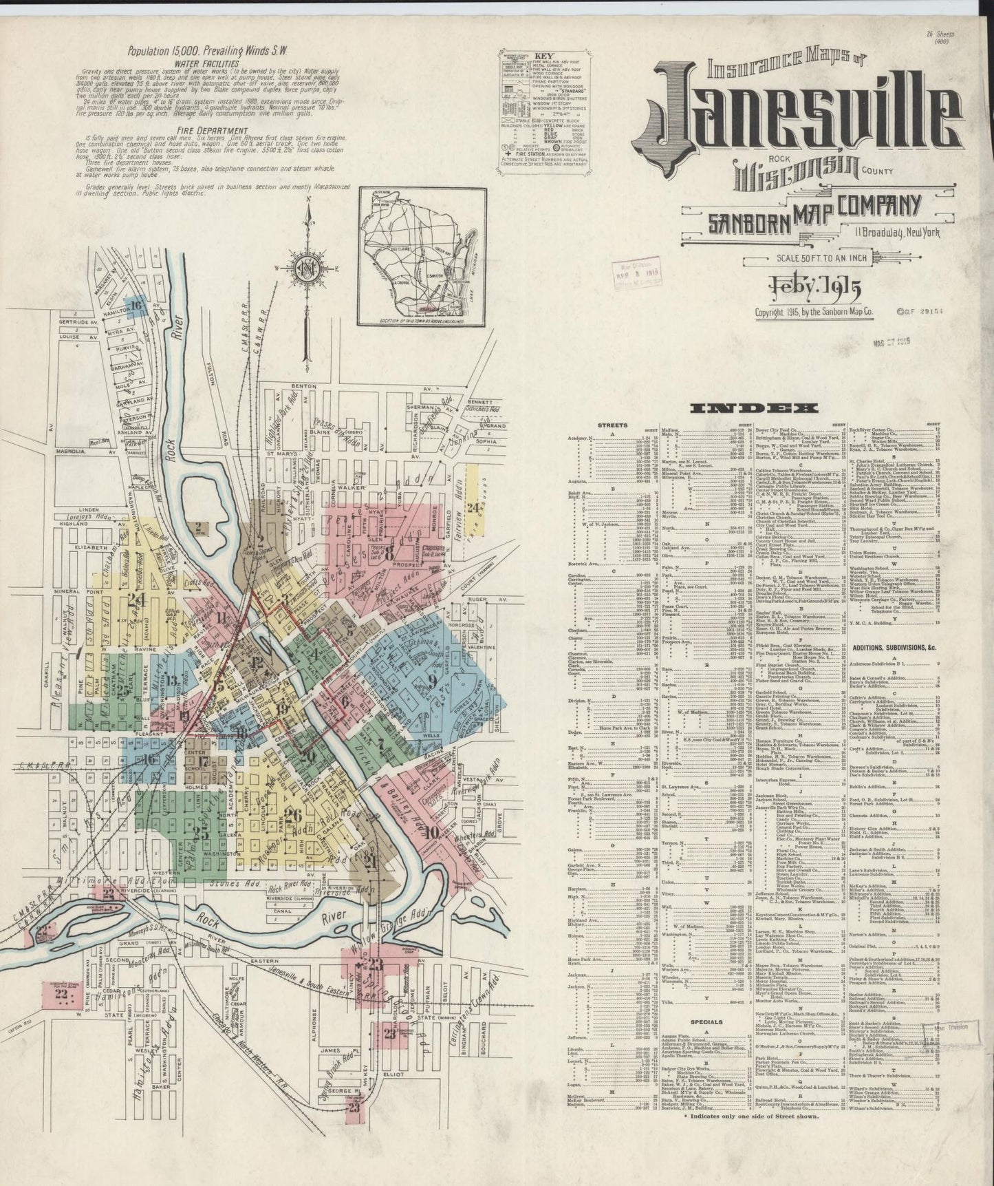 Sanborn Fire Insurance Map from Janesville, Rock County, Wisconsin (1915), Sheet #0001 - Historic Sanborn Fire Insurance Map Print, vintage old map wall art, antique decor, genealogy gift, Wisconsin Wisconsin map